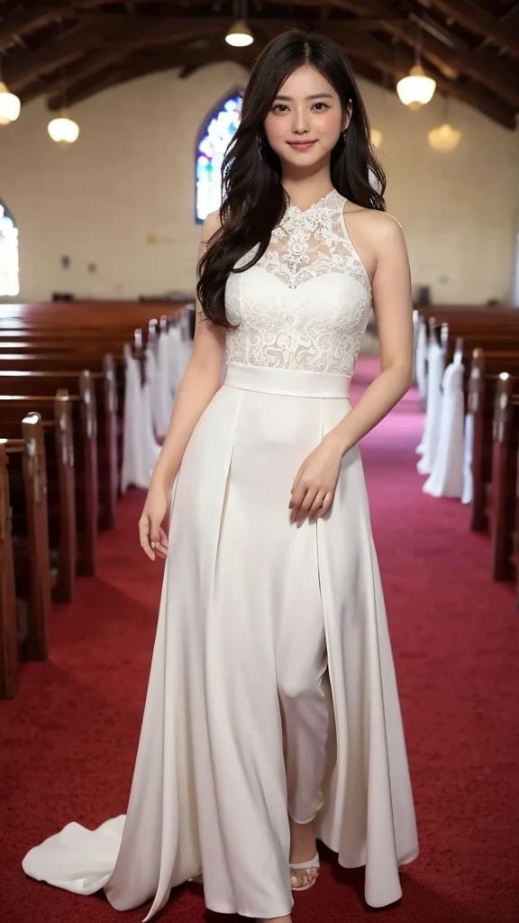 8K RAW Photos, Highest quality, masterpiece, Ultra-high resolution, 3d, Realistic, One girl, Asian, black_hair, summer wedding Dress, length_hair, nose, Natural skin texture, light brown_eye, detailed eyes and face, lips, lipstick, smile, perfect Beautiful feet, Beautiful inside of church location, (Detailed Background), wedding Dress, Blurred Background, fullbody photo,