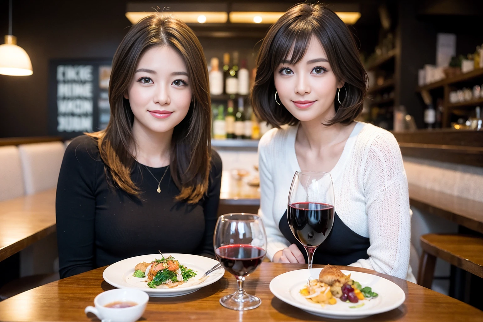 ((Highest quality、8K、masterpiece:1.3))、Yuuko Araki、slimカップル、ピンクmodelカップル、(Realistic, Intricate details:1.2), full-course dinner、Wine Party、Amazing view of the sunset sky and clouds、A bright smile、The wonderfulness of smile、Bright image、The beauty of wine, Beautiful Face, blue eyes, The light shines on your face, Blushing, short hair,Bright Face、42 years old,45 years old, red wine 、Appetizers、Italian food、Wine bottle、Champagne、sparkling wine、Two beauties、Brown Hair、Shortcuts、Long sleeve shirt、dress、Beautiful woman 1, (slimな顔), (The body is slim), (Brown Hair), (Shortcuts), cheeks turn a little red,Attractive beauty、restaurant, In a prominent place (From the waist up) Nova Frog Style, actress, model, Upper Body, White wine, slim, wine glass, 中央に置かれたwine glass, smile, (smile: 1.15), Beautiful fine grain, Depth f/2,saturation, High Contrast, Strong light and shadow,Moist Body:1.5、3D texture、Delicate eyes、Brown Hair、The hair is very shiny、