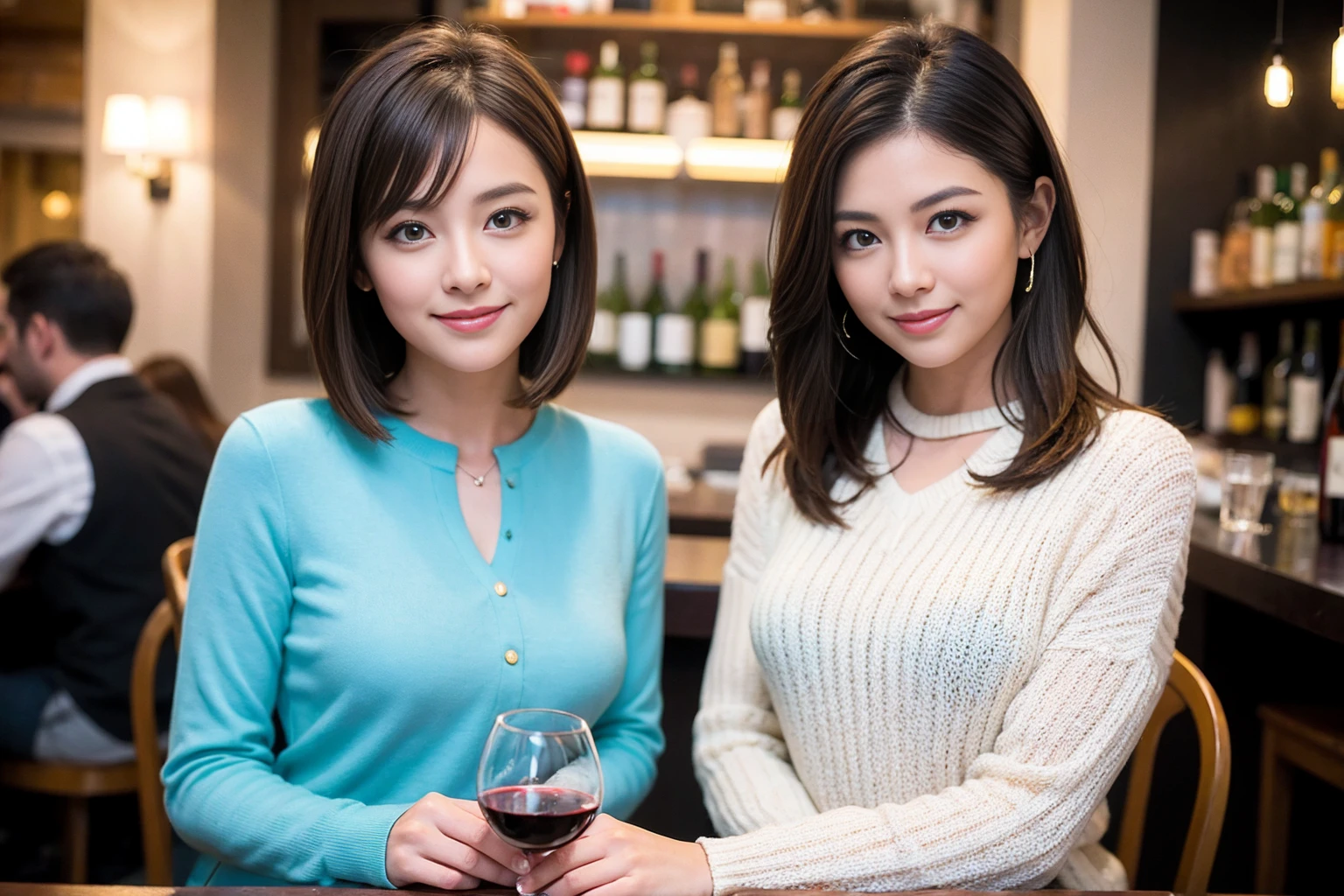 ((Highest quality、8K、masterpiece:1.3))、Yuuko Araki、slimカップル、ピンクmodelカップル、(Realistic, Intricate details:1.2), full-course dinner、Wine Party、Amazing view of the sunset sky and clouds、A bright smile、The wonderfulness of smile、Bright image、The beauty of wine, Beautiful Face, blue eyes, The light shines on your face, Blushing, short hair,Bright Face、42 years old,45 years old, red wine 、Appetizers、Italian food、Wine bottle、Champagne、sparkling wine、Two beauties、Brown Hair、Shortcuts、Long sleeve shirt、dress、Beautiful woman 1, (slimな顔), (The body is slim), (Brown Hair), (Shortcuts), cheeks turn a little red,Attractive beauty、restaurant, In a prominent place (From the waist up) Nova Frog Style, actress, model, Upper Body, White wine, slim, wine glass, 中央に置かれたwine glass, smile, (smile: 1.15), Beautiful fine grain, Depth f/2,saturation, High Contrast, Strong light and shadow,Moist Body:1.5、3D texture、Delicate eyes、Brown Hair、The hair is very shiny、