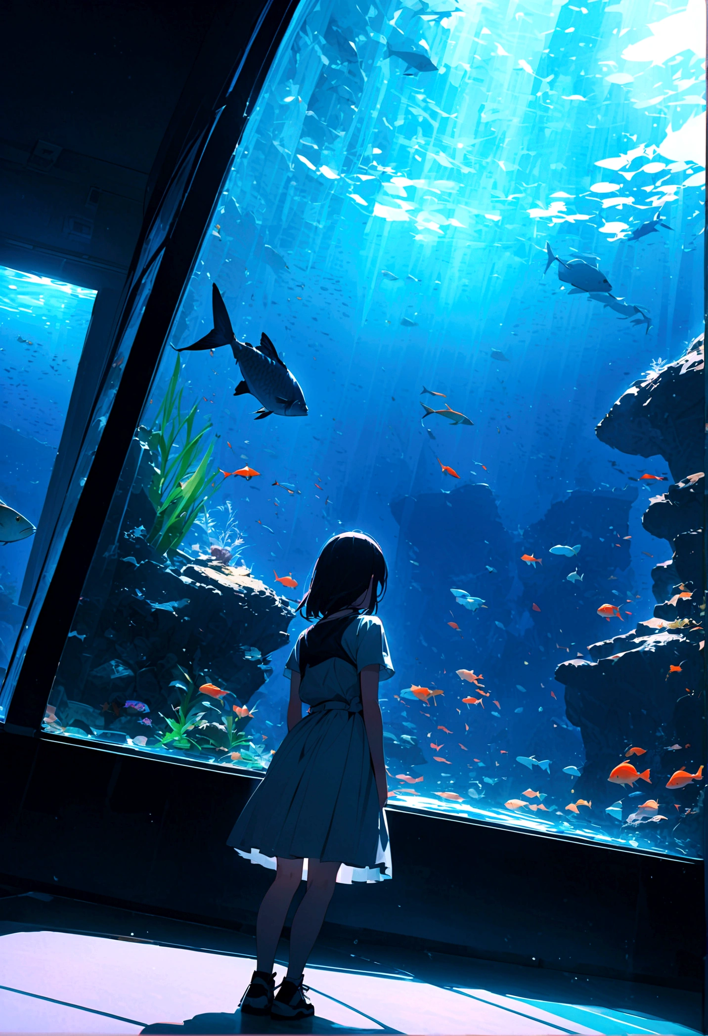 aquarium、A girl standing in front of a huge aquarium、Large single glass aquarium、Dimly lit interior、Quiet atmosphere、Girl looking up at a fish tank、There is a girl in the center、Angle of view from the rear