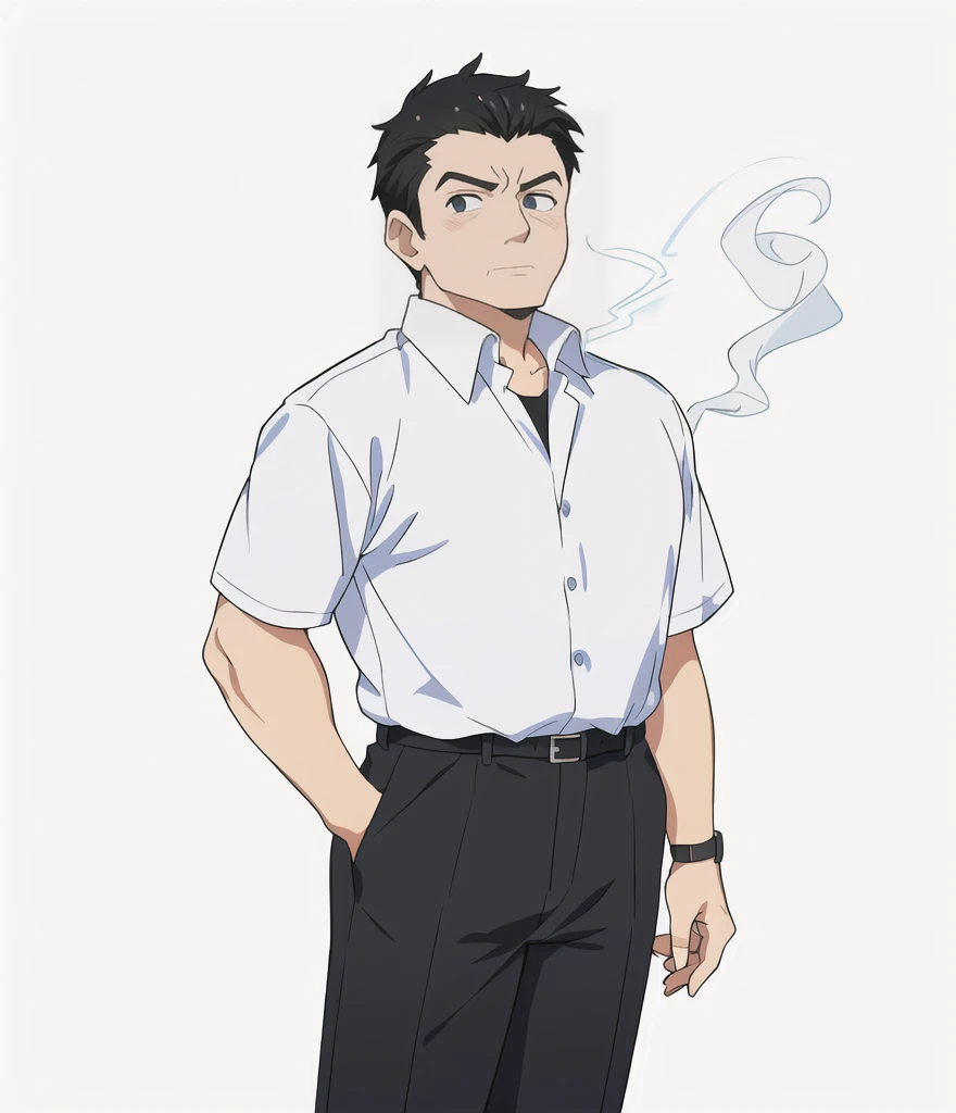 Highest quality, high resolution, High quality anime art style, Official Art, Smooth anime CG art, Stylized anime, Visual Novel Sprites, White background, whole body, Anime-style 3D, Smooth anime CG art, Humanoid middle-aged man, criminal, A man wearing a white shirt and grey trousers, Tough-faced man, Deeply carved face, Long face, Nasolabial folds, Holding a cigarette, Black Hair, Crew cut, Slanted Eyes, Slightly open eyes, 50 years old,