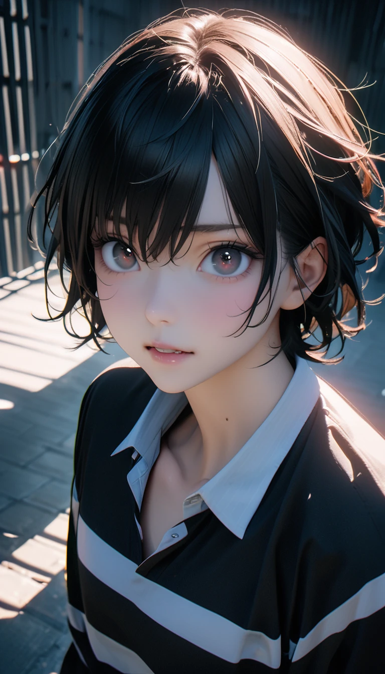 (8K, RAW photos, best quality, masterpiece: 1.4), (((关在Jail的Middle-aged men))),Ultra-high resolution, Extremely detailed, light, Upper body close-up, Middle-aged men, black eyes, (delicate eyes, Eyes are bright:1.2), Black short hair, Fair skin,dark, Prison uniform,(perfect anatomy:1.2), High-quality shadows, Natural Lighting, (White highlights:1.2), night, cloudy day, (Jail:1.2), (Frustration:1.2)