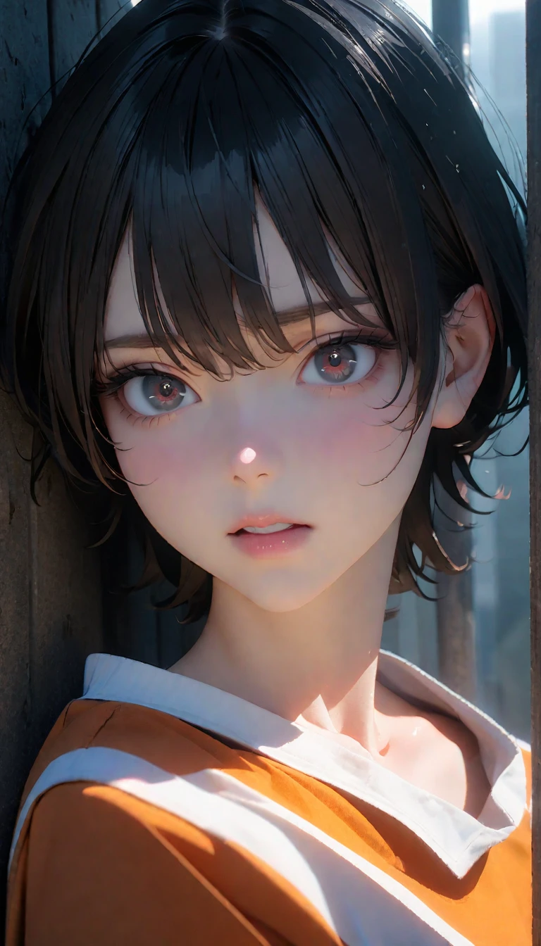 (8K, RAW photos, best quality, masterpiece: 1.4), (((关在Jail的Middle-aged men))),Ultra-high resolution, Extremely detailed, light, Upper body close-up, Middle-aged men, black eyes, (delicate eyes, Eyes are bright:1.2), Black short hair, Fair skin,dark, Prison uniform,(perfect anatomy:1.2), High-quality shadows, Natural Lighting, (White highlights:1.2), night, cloudy day, (Jail:1.2), (Frustration:1.2)