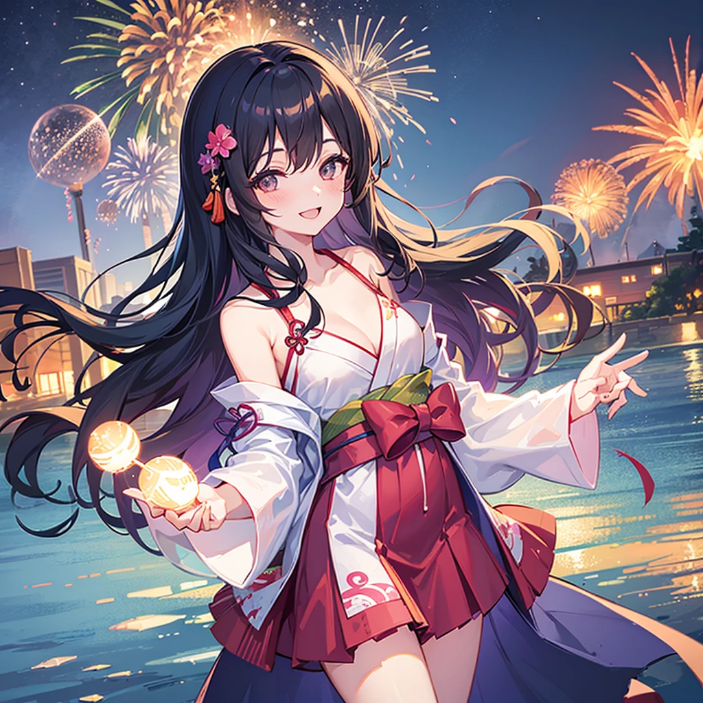 Couple,(Boy 1:Girl 1)Lovely,smile,smile,romantic,atmosphere,landscape,Girl wearing a yukata,Holding hands,Beautiful fireworks in the night sky,Lots of fireworks,summer祭り,summer,Festivals,youth,Heart-pounding