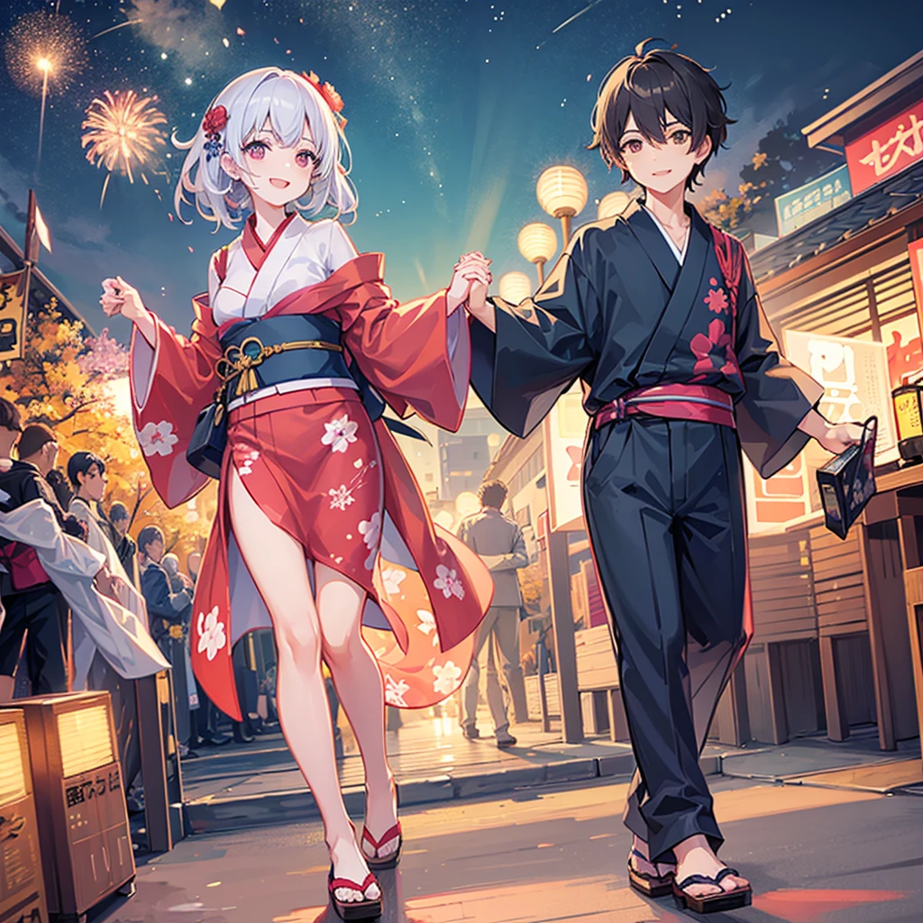 Couple,(Boy 1:Girl 1)Lovely,smile,smile,romantic,atmosphere,landscape,Girl wearing a yukata,Holding hands,Beautiful fireworks in the night sky,Lots of fireworks,summer祭り,summer,Festivals,youth,Heart-pounding