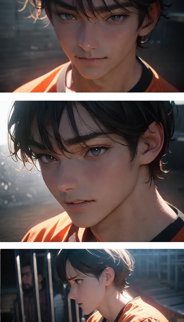 (8K, RAW photos, best quality, masterpiece: 1.4), (((关在Jail的Middle-aged men)))，Ultra-high resolution, Extremely detailed, light, Upper body close-up, Middle-aged men, black eyes, (delicate eyes, Eyes are bright:1.2), Black short hair, Fair skin,dark, Prison uniform,(perfect anatomy:1.2), High-quality shadows, Natural Lighting, (White highlights:1.2), night, cloudy day, (Jail:1.2), (Frustration:1.2)
