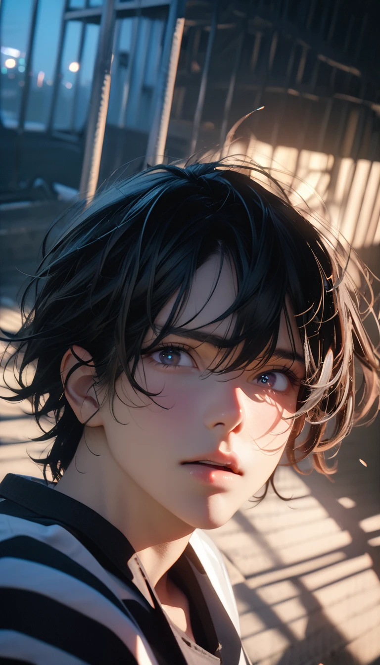 (8K, RAW photos, best quality, masterpiece: 1.4), (((关在Jail的Middle-aged men))),Ultra-high resolution, Extremely detailed, light, Upper body close-up, Middle-aged men, black eyes, (delicate eyes, Eyes are bright:1.2), Black short hair, Fair skin,dark, Prison uniform,(perfect anatomy:1.2), High-quality shadows, Natural Lighting, (White highlights:1.2), night, cloudy day, (Jail:1.2), (Frustration:1.2)