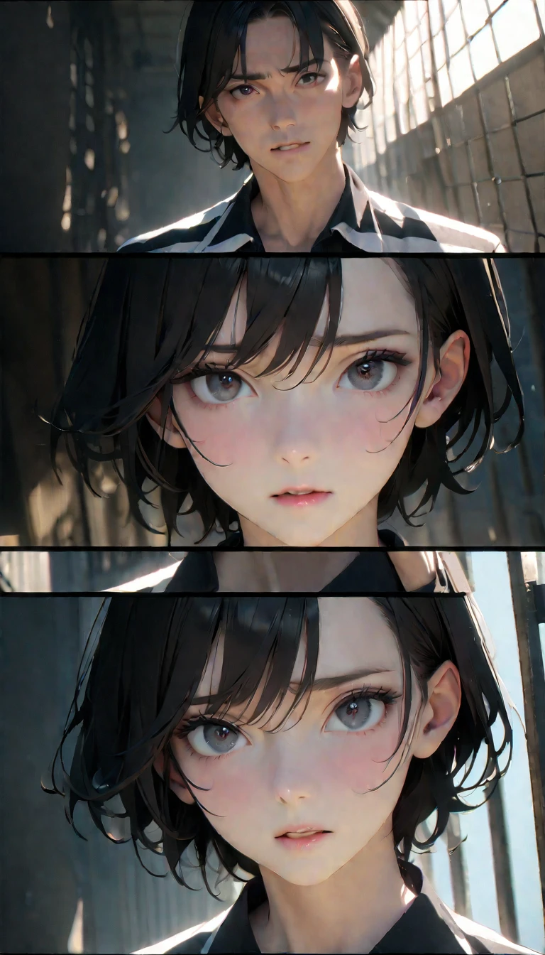 (8K, RAW photos, best quality, masterpiece: 1.4), (((关在Jail的Middle-aged men))),Ultra-high resolution, Extremely detailed, light, Upper body close-up, Middle-aged men, black eyes, (delicate eyes, Eyes are bright:1.2), Black short hair, Fair skin,dark, Prison uniform,(perfect anatomy:1.2), High-quality shadows, Natural Lighting, (White highlights:1.2), night, cloudy day, (Jail:1.2), (Frustration:1.2)
