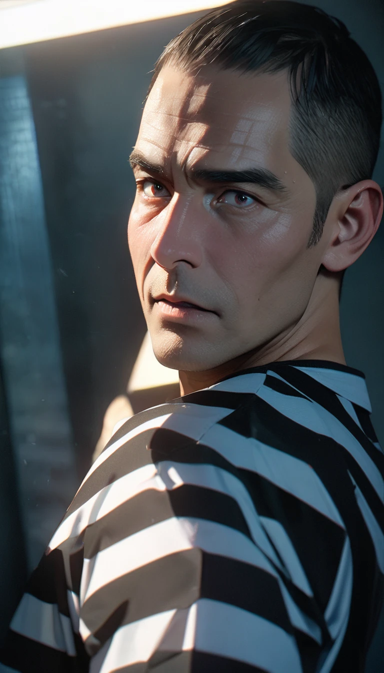 (8K, RAW photos, best quality, masterpiece: 1.4), (((关在Jail的Middle-aged men)))，Ultra-high resolution, Extremely detailed, light, Upper body close-up, Middle-aged men, black eyes, (delicate eyes, Eyes are bright:1.2), Black short hair, Fair skin,dark, Prison uniform,(perfect anatomy:1.2), High-quality shadows, Natural Lighting, (White highlights:1.2), night, cloudy day, (Jail:1.2), (Frustration:1.2)