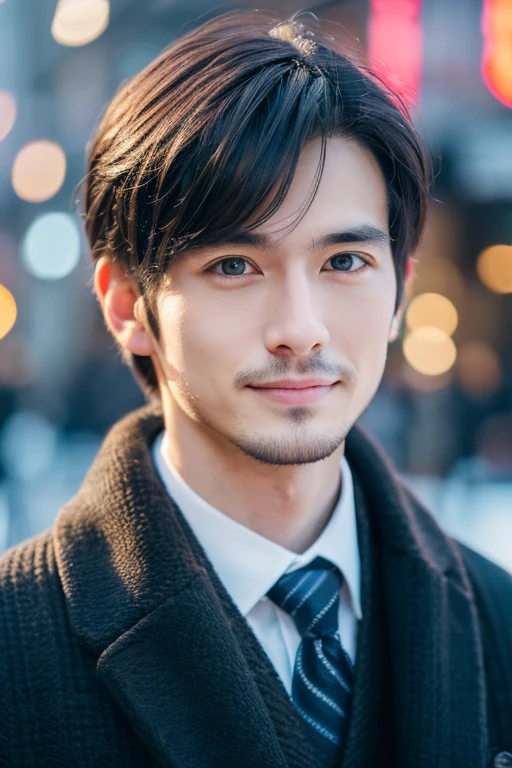 Photorealsitic, 8K full body portrait, a handsome, a 25-year-old man, A charming expression, detailed face details, TOKYOcty, Winters, Shibuya in the background