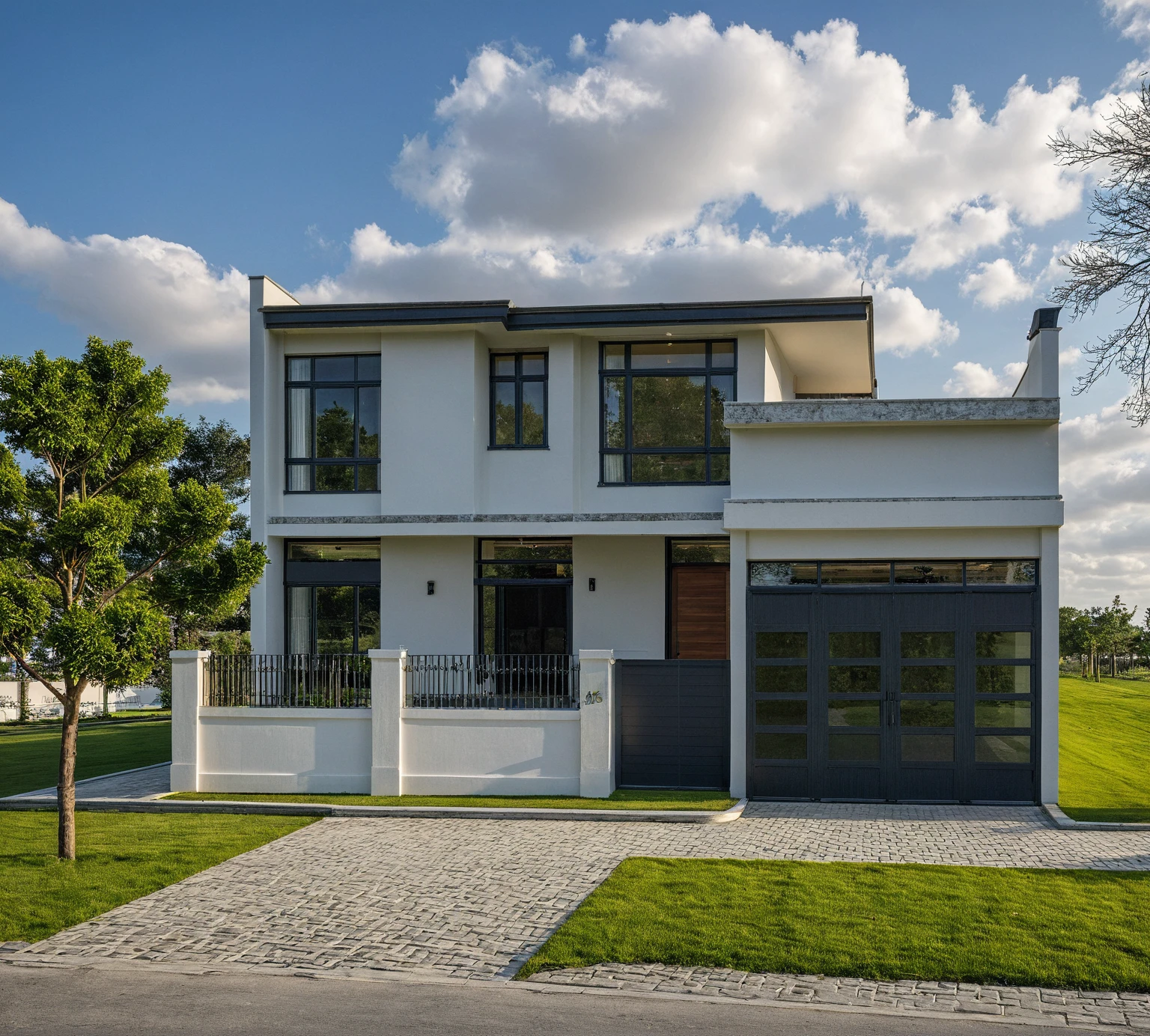 Masterpiece, high quality, best quality, authentic, super detail, outdoors, onestoreyvillaXL, aiaigroup, house style modern on the street ,stairs, white wall ,road,pavement, grass, trees, sky, cloud, (daylight:1.1)

