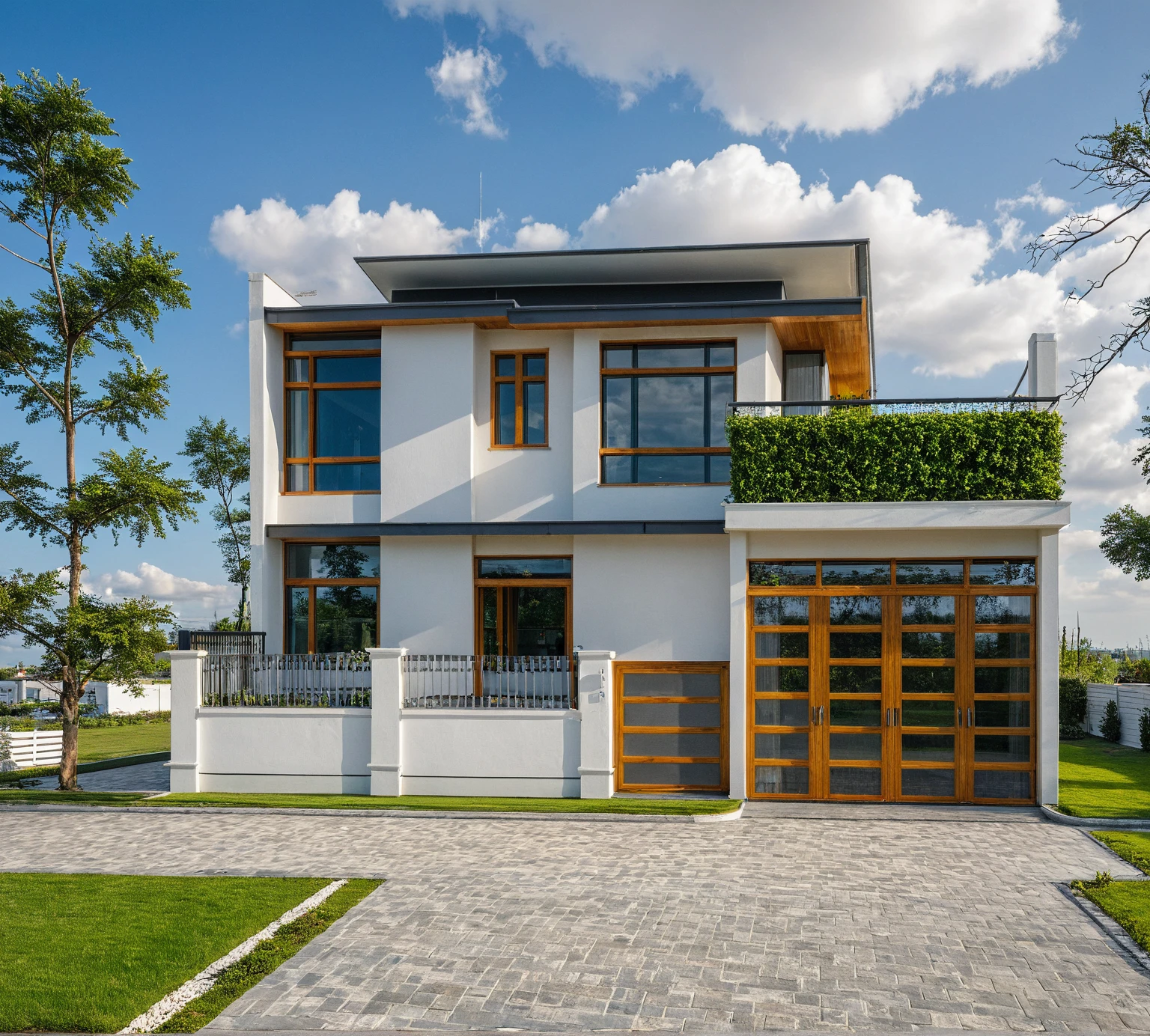 Masterpiece, high quality, best quality, authentic, super detail, outdoors, onestoreyvillaXL, aiaigroup, house style modern on the street ,stairs, white wall ,road,pavement, grass, trees, sky, cloud, (daylight:1.1)
