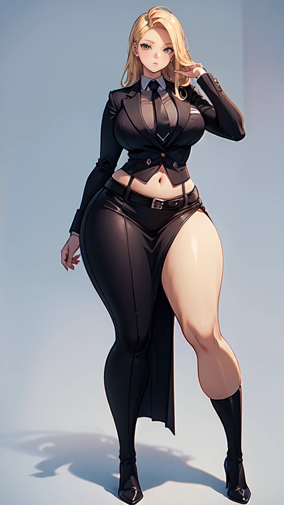 blank background, (((full body))), (masterpiece), ((best quality)), ((tall girl)), straight hair (curvy:1.7), (black skirt), shoes, belt below navel, blonde,  (black suit and tie), wide hips