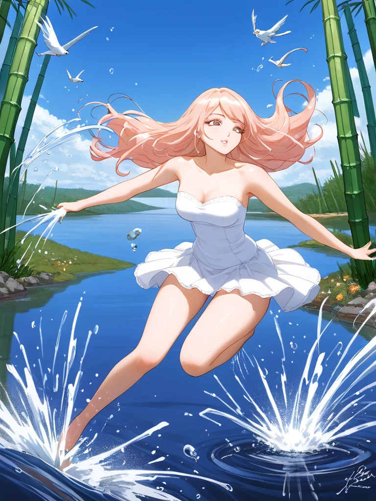 Negative Space, Shui Movissim, girl, woman,Bare shoulders, (Etch 0.5), lips, Splash, (wood:0.5), (Flowers:0.6) ,(bird:0.2), (Bamboo 0.1), lake, Hangzhou, Bonian, Bonian in background   