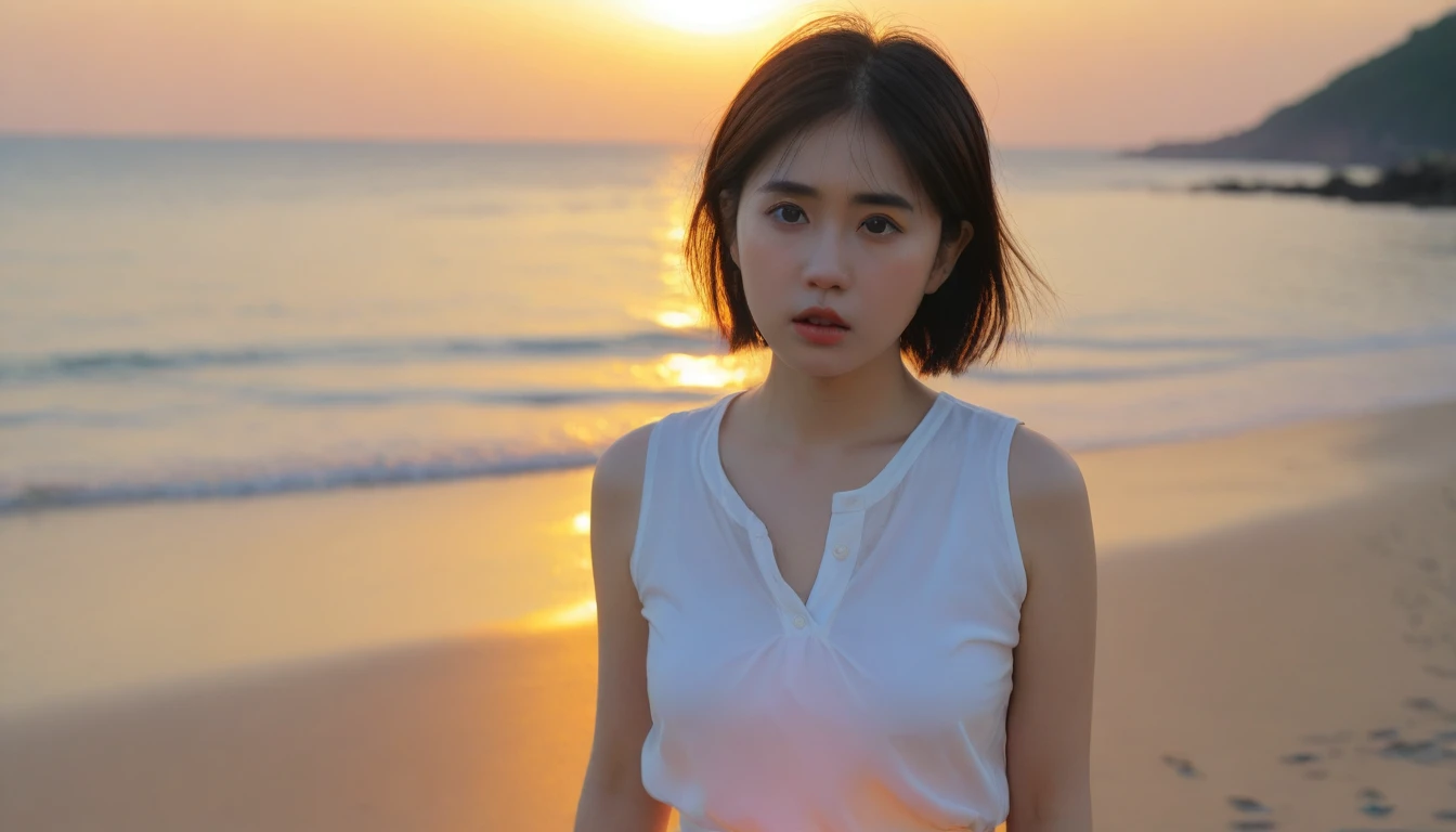 K Realistic, living photos, Realistic appearance of nature, , Looking at the sea from the beach at sunset. Close-up beautiful woman look , Asian woman wearing a light skirt, burning sunset light, short medium hair, 1 woman, beautiful eyes, Thin lips with a sad expression, uhd