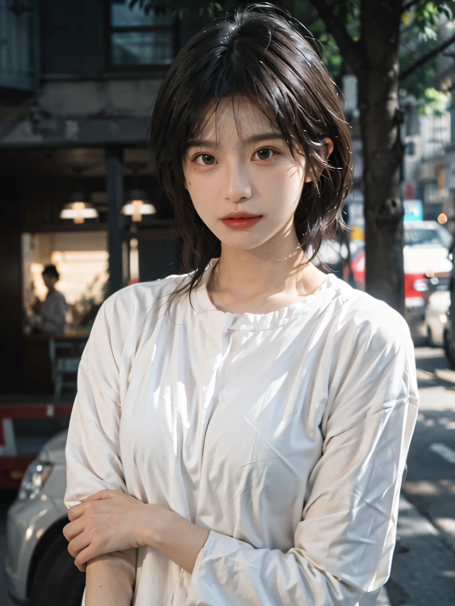 (smooth skin textures:1.3), Lipstick, (Upper Body:1.3),(Upper Body:1.3), earrings, serene, calm, (Dress conservatively:1.6),(Realistic and detailed eyes:1.2), Natural skin texture, Realistic facial details, Soft dramatic lighting, Vivid details, outdoor, (Photo Practical:1.4), (hyper Practical:1.4), (Practical:1.3), (Improve lighting quality:0.9), (Highest quality real skin textures:1.4), (Enhance the beauty of skin texture:1.1), Hair details, Model, short hair, Moles under the eyes, Portrait Photography, Depth of Field, Bokeh, Surrealism, Ray Tracing, (Portrait Photography:1.1), Surrealism, High Detail, Chiaroscuro, Ray Tracing, reflected light, Ultra HD, Ultra HD, masterpiece, Textured Skin, Super Detail, High Detail, high quality, best quality
