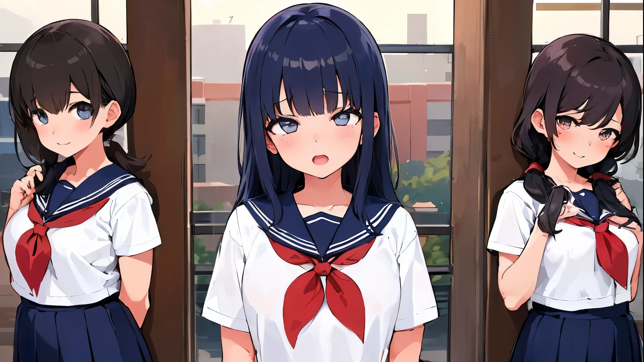 Gymnastics、Bloomers、volleyball、player、5 girls, Photo of beautiful Japanese idols in School, Againm \(Again:NULL\), [smile], blush, School、 masterpiece, highest quality, perfect lighting,  skirt, medium bAgainsts,，sailor suit、hair above one eye、hair accessorieidsummer、super fine illustration,(((beautiful fine hair))),(((beautiful fine face))),(((beautiful fine background))),