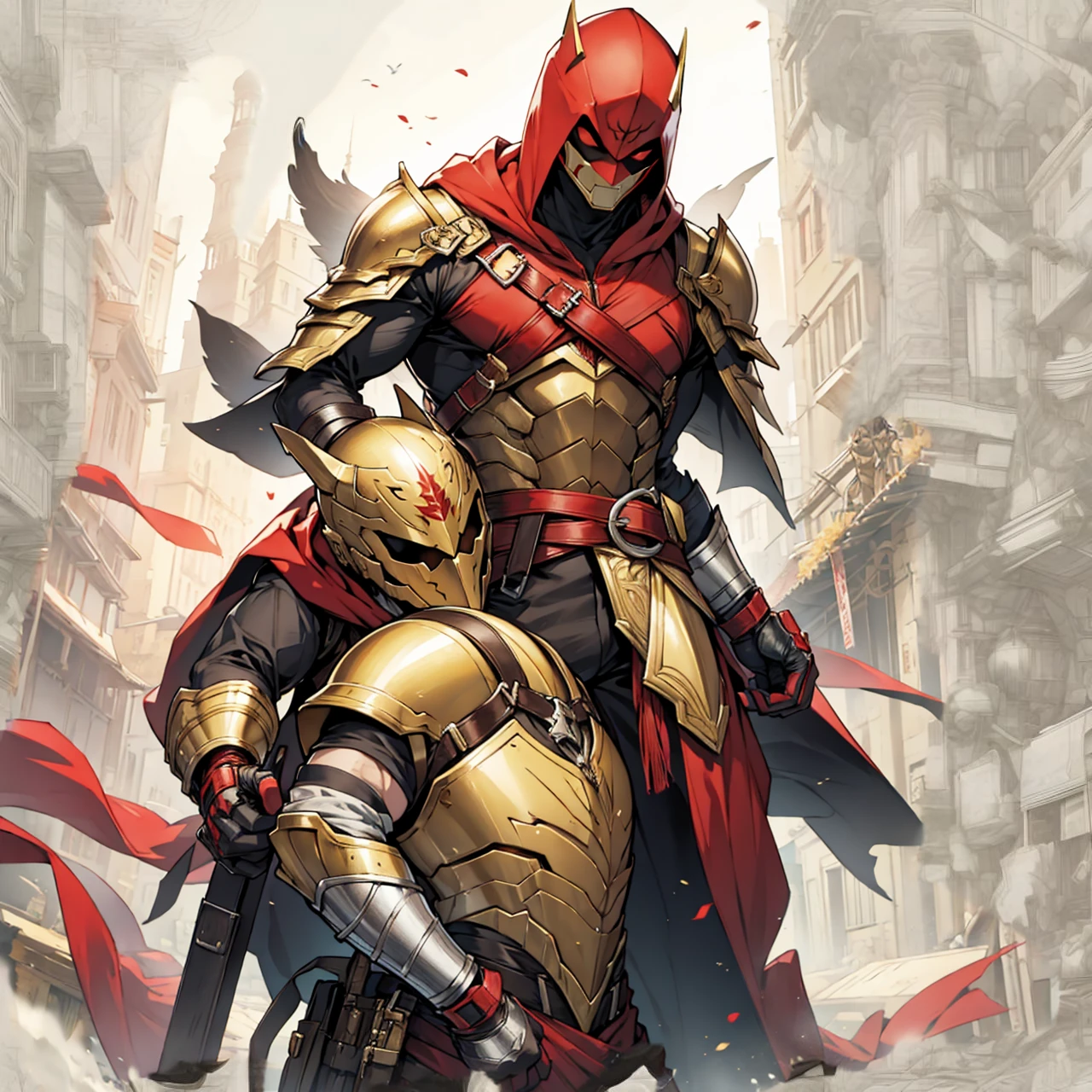 golden armor, red hood