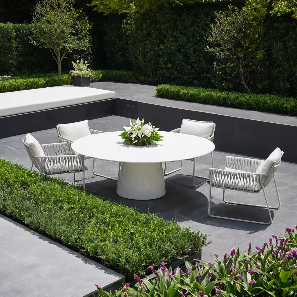 jardin, aire de repos extérieure de style moderne, Il y a une table circulaire au centre de la zone,sur lequel est posé un bouquet de lys blancs.