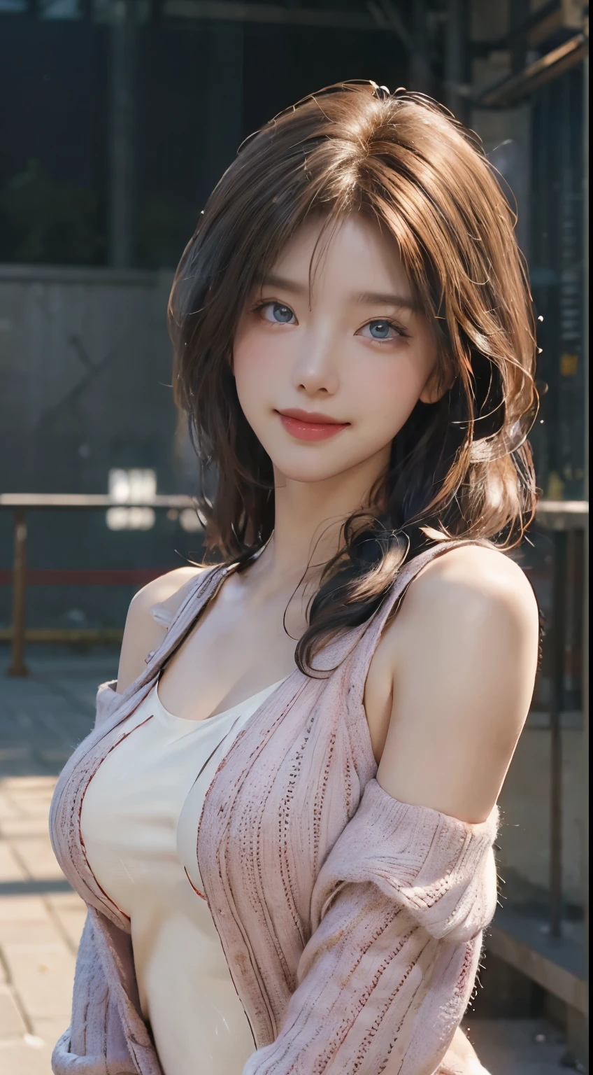 (logo, masterpiece, 8K, Tabletop, RAW Photos, wonderful, 最high quality, Photorealistic and very detailed CG composite 8k wallpaper, high quality, Very detailed, Narrative poem, Particle Effects, Dynamic Effects, Depth of the Boundary, Cinematic Light, Lens flare, Ray Tracing), short hair beautiful young woman, Hair tied back, high detail skin, very fine, fine skin texture, beautiful face, realistic eyes, beautifully detailed eyes, realistic skin, beautiful skin, surreal, smiling eyes, Hair and light eyes, Vibrant, Colorful lights and bokeh. The lighting casts a warm glow on her face and hair, Blue glow, Water surface reflection, Creates a dreamy and magical atmosphere, Big Breasts, Brown Hair, short hair, plump lower lip, pink blush on the cheeks , pink lips, brown tight no-shoulder knit sweater