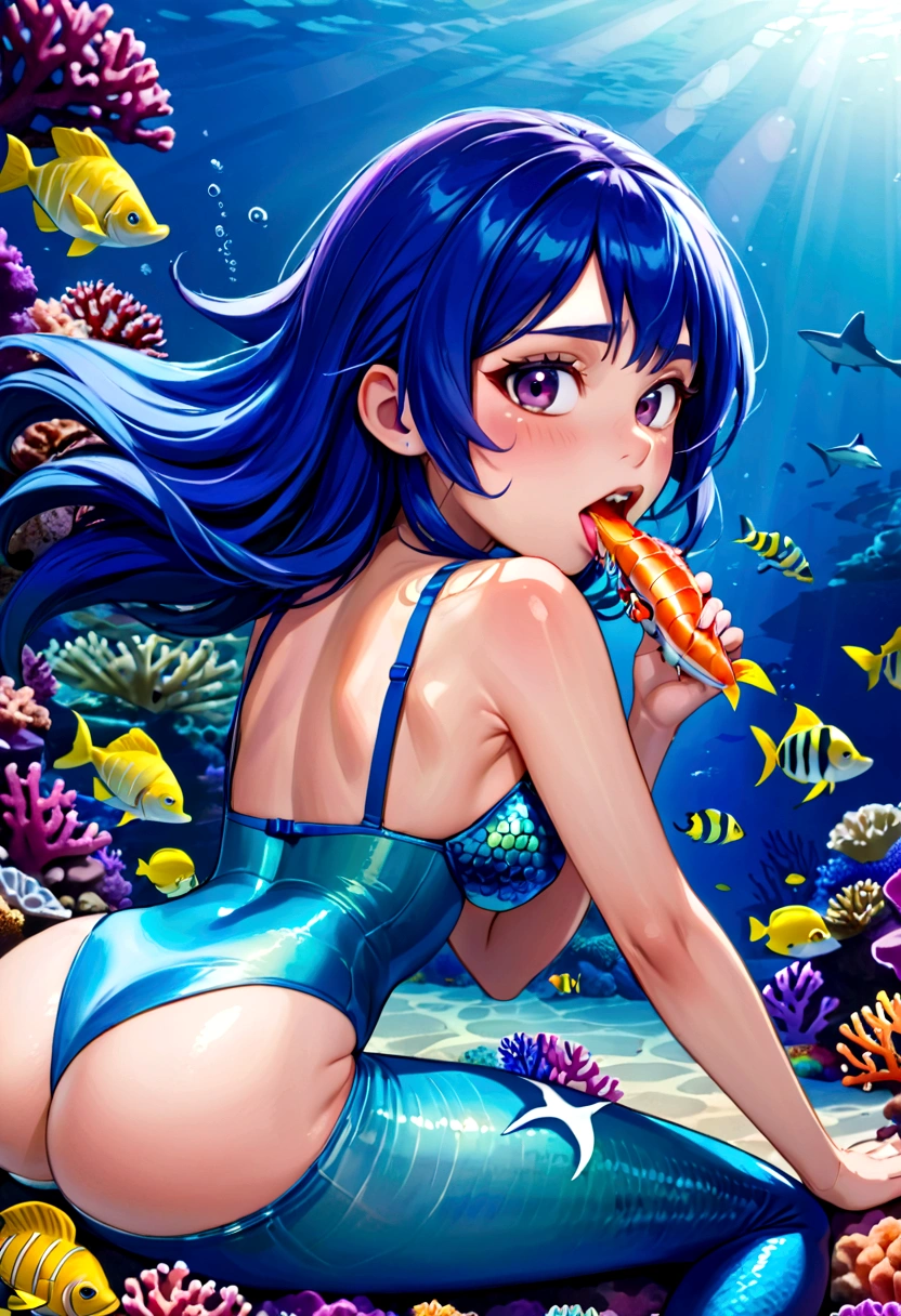 A shark themed mermaid (, sea star bra, dark eyes, deep blue hair, shark fin on back, over sized mouth with razor teeth) seen from the side, she is disinterested in the viewer, she is hungrily eating a fish, colorful reef
