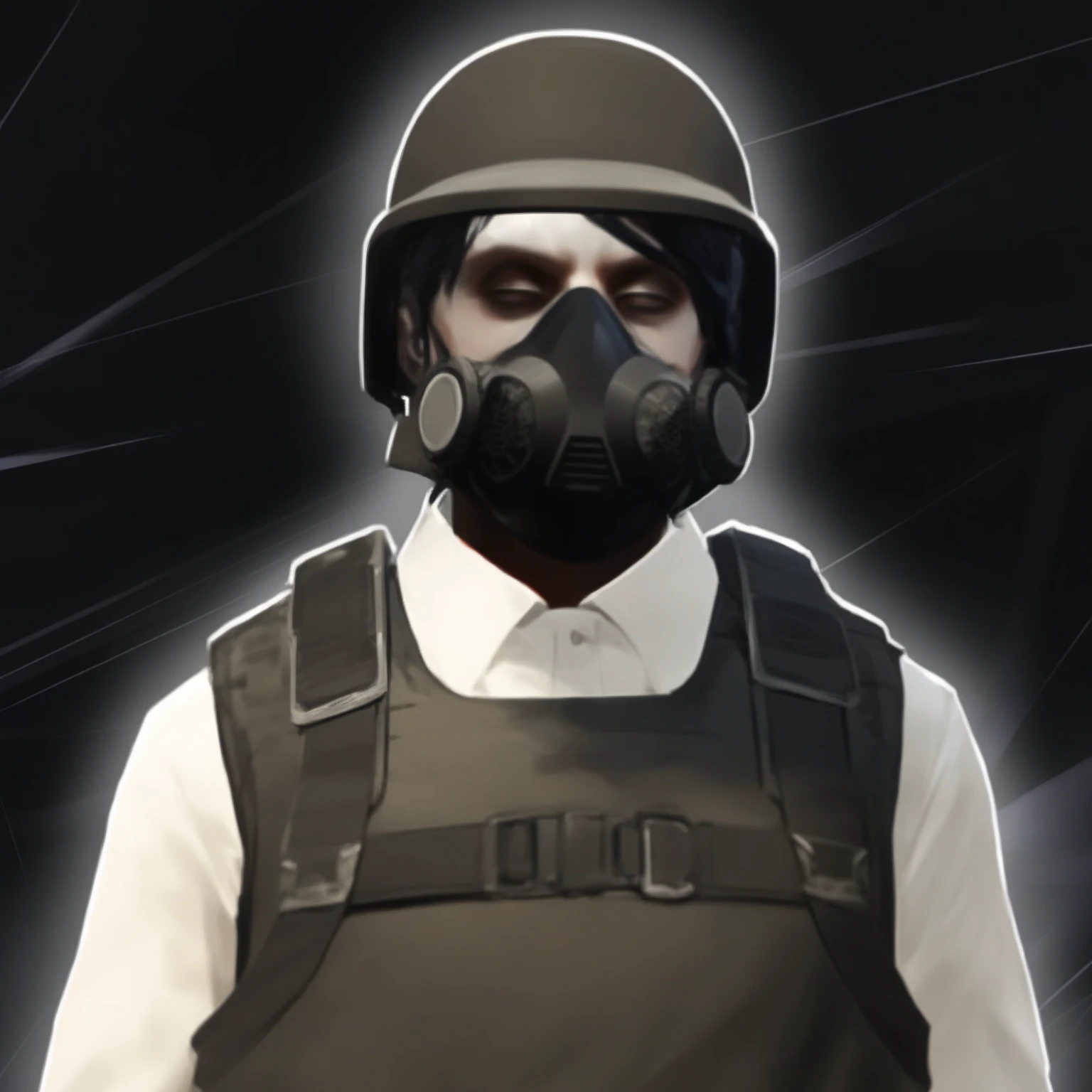 arafed man wearing a gas mask and a black vest, spec ops mask, specification - head of operations, specification - head of operations with mask, clearing [[bronze]] face [mask], gta v character, combat gear, in a dark space mercenary outfit, dark visor covering face, soldier clothing, future soldier outfit, refined face and muzzle