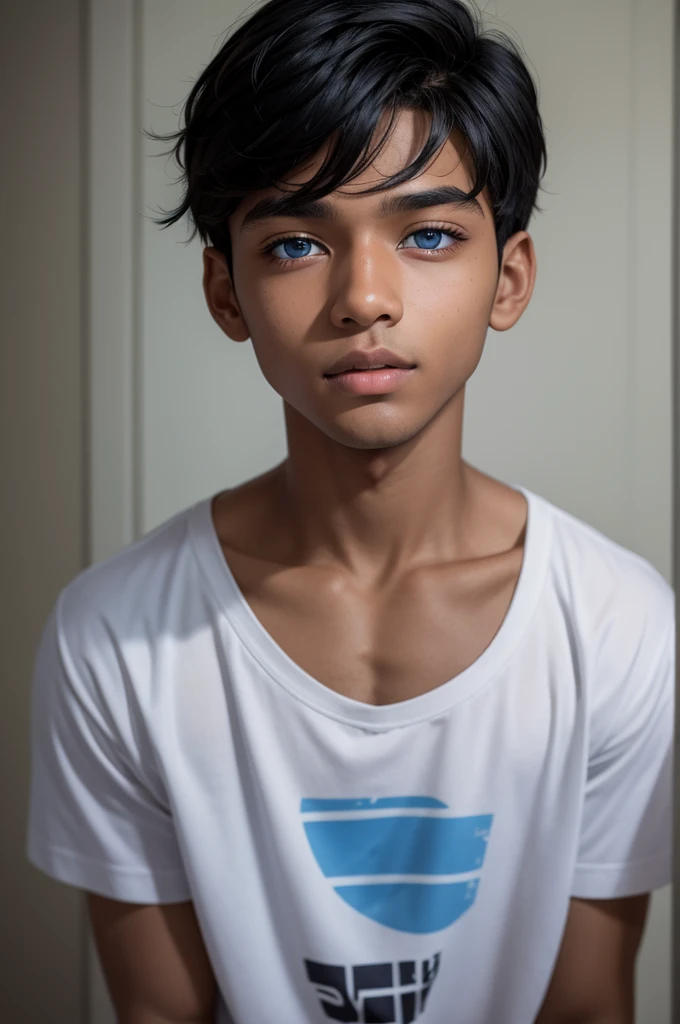 black hair and blue eyes and brown-skinned boy