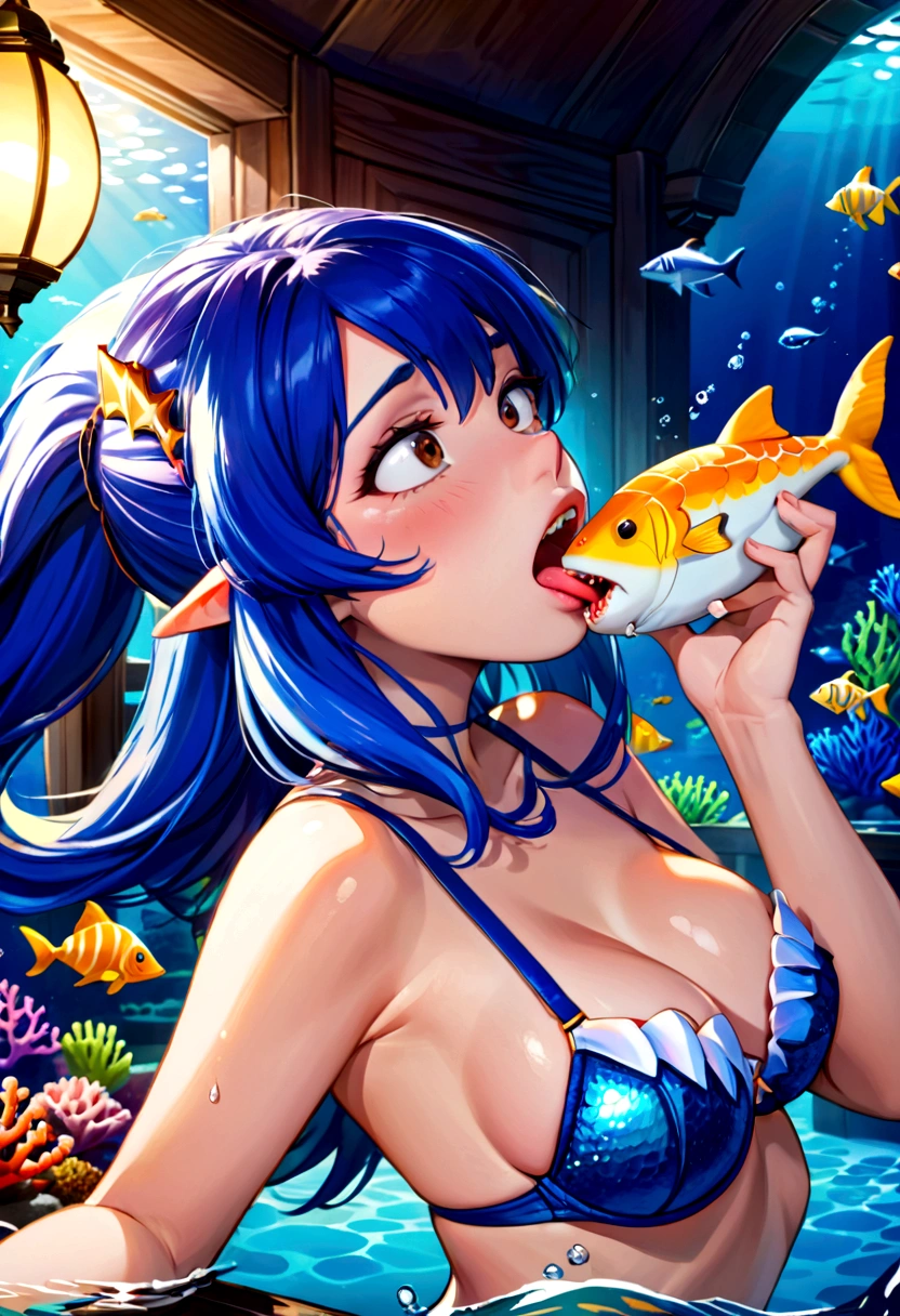 A shark themed mermaid (, sea star bra, dark eyes, deep blue hair, shark fin on back, over sized mouth with razor teeth) seen from the side, she is disinterested in the viewer, she is hungrily eating a fish, colorful reef
