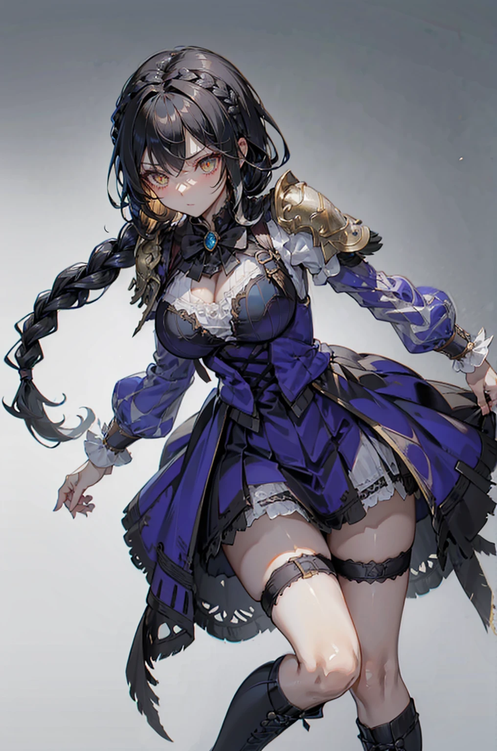 Correct body proportions，Golden ratio，braid，braid，braid，braid，Braid，单侧braid，单条braid，Dress，蓝色Dress，Blue skirt，Black Hair，Black Hair，Golden Eyes，Golden pupils，Lace decoration，White knee socks，White garter stockings，White socks，White tights，White Silk，Black boots，Black boots，Sassy，Handsome，murderous，murderous，Vicious，cool girl，Mature girl，Busty girl，Fantasy style，Fantasy style，Close-up above the waist，Big breasts，Big breasts，Fantasy style，Dark Style，Gothic style，Holding a big sword，holding enormous sword