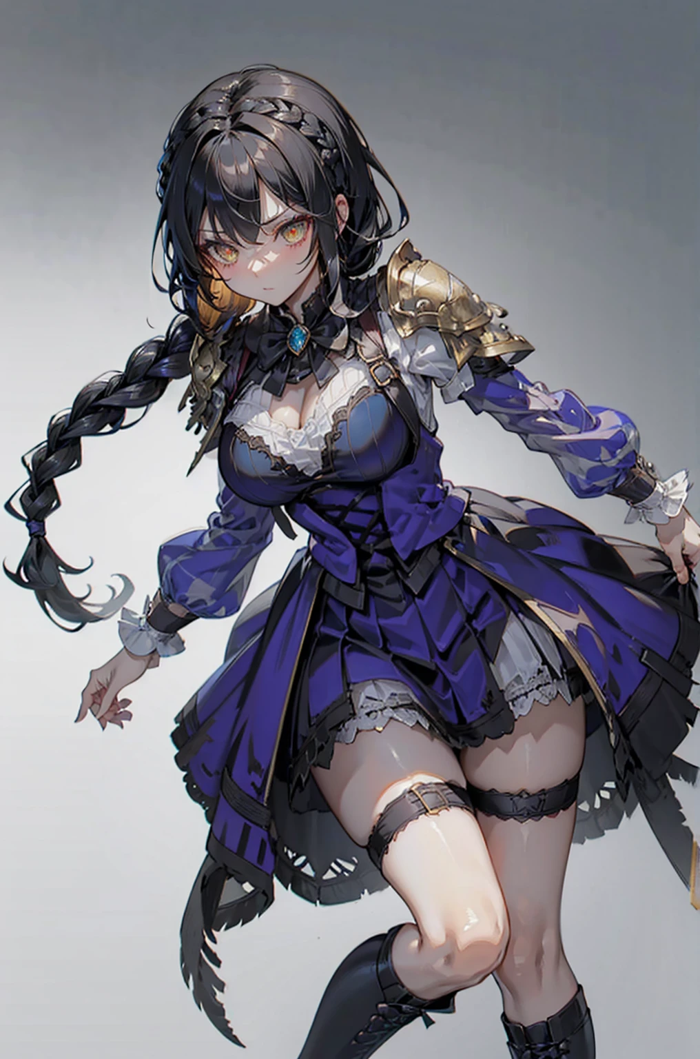 Correct body proportions,Golden ratio,braid,braid,braid,braid,Braid,单侧braid,单条braid,Dress,蓝色Dress,Blue skirt,Black Hair,Black Hair,Golden Eyes,Golden pupils,Lace decoration,White knee socks,White garter stockings,White socks,White tights,White Silk,Black boots,Black boots,Sassy,Handsome,murderous,murderous,Vicious,cool girl,Mature girl,Busty girl,Fantasy style,Fantasy style,Close-up above the waist,Big breasts,Big breasts,Fantasy style,Dark Style,Gothic style,Holding a big sword,holding enormous sword