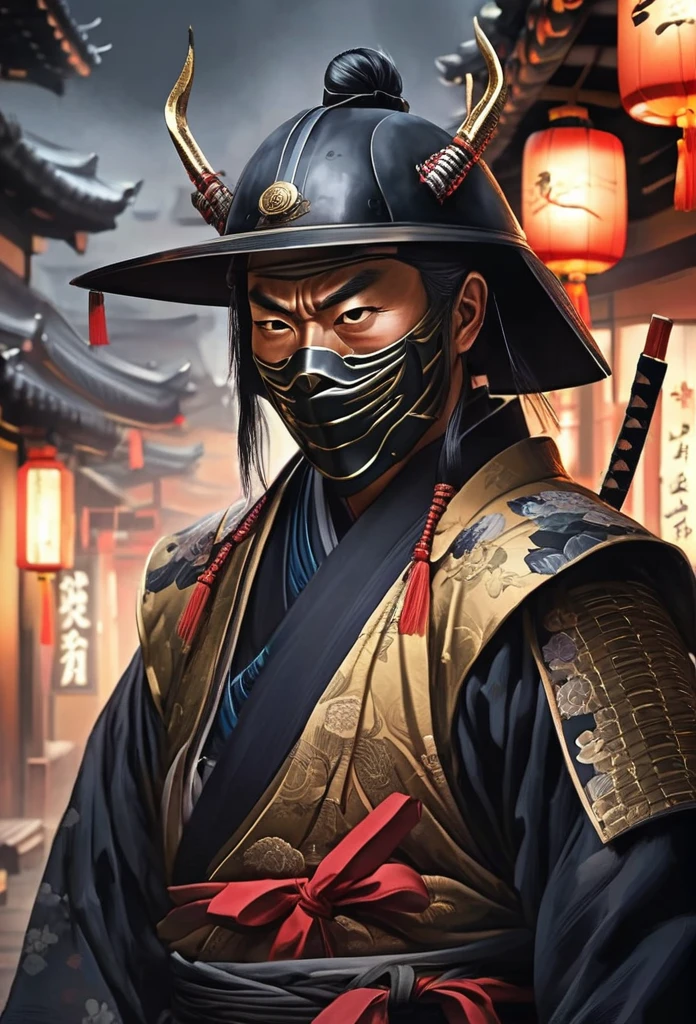 A Japanese warrior ronin with magnificent mask in portrait, the atmosphere is heavy and sad. It's very detailed and in the atmosphere of the old quarter of the time