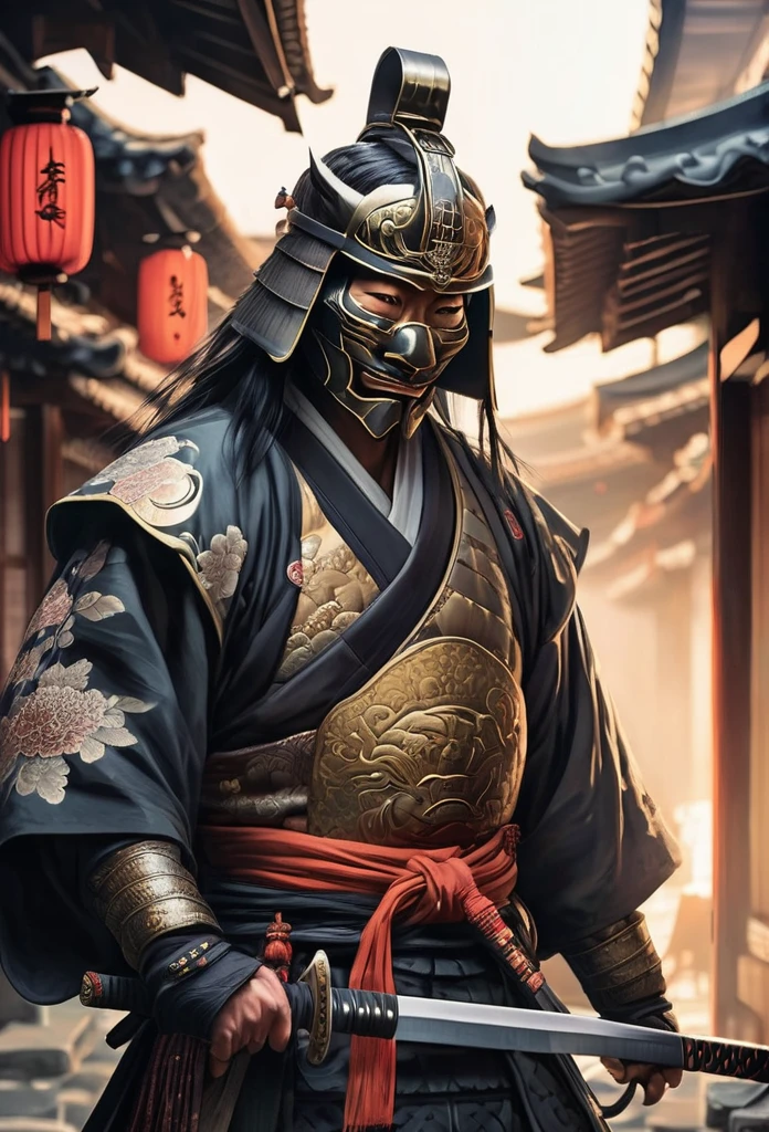 A Japanese warrior ronin with magnificent mask in portrait, the atmosphere is heavy and sad. It's very detailed and in the atmosphere of the old quarter of the time