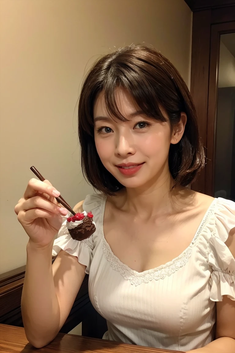 Medium Size Display, Medium Shot, Written boundary depth, bust, Upper Body, Movie angle, masterpiece, Highest quality, Very detailed, CG, 8k wallpaper, Beautiful Face, Delicate eyes, Otome, alone, smile, dress、Have a chocolate parfait、Sucking through a straw