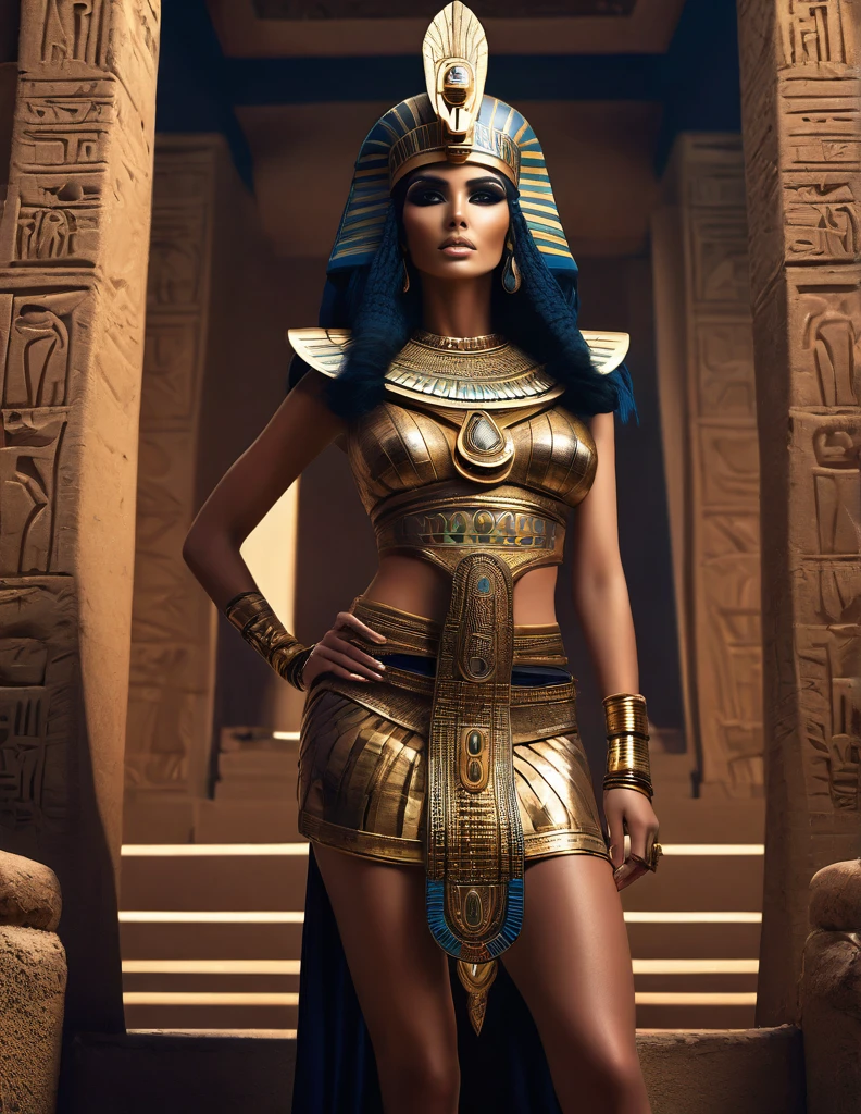 a dark fantasy photoshoot, realistic female fashion model, vogue magazine cover, inspired by ancient Egyptian goddess, realistic skin, detailed hair and face, posing as Cleopatra as Isis, Egyptian pyramids, realistic person, gothic fashion, revealing clothes, bombshell body, (best quality,4k,8k,highres,masterpiece:1.2),ultra-detailed,(realistic,photorealistic,photo-realistic:1.37),dramatic lighting,dramatic shadows,chiaroscuro,cinematic,moody,dramatic color palette,muted colors,deep saturated colors,ornate decoration,intricate details,impeccable rendering