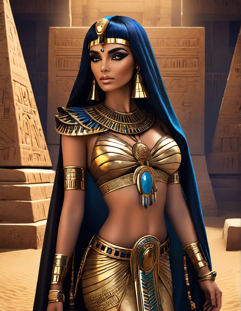 a dark fantasy photoshoot, realistic female fashion model, vogue magazine cover, inspired by ancient Egyptian goddess, realistic skin, detailed hair and face, posing as Cleopatra as Isis, Egyptian pyramids, realistic person, gothic fashion, revealing clothes, bombshell body, (best quality,4k,8k,highres,masterpiece:1.2),ultra-detailed,(realistic,photorealistic,photo-realistic:1.37),dramatic lighting,dramatic shadows,chiaroscuro,cinematic,moody,dramatic color palette,muted colors,deep saturated colors,ornate decoration,intricate details,impeccable rendering