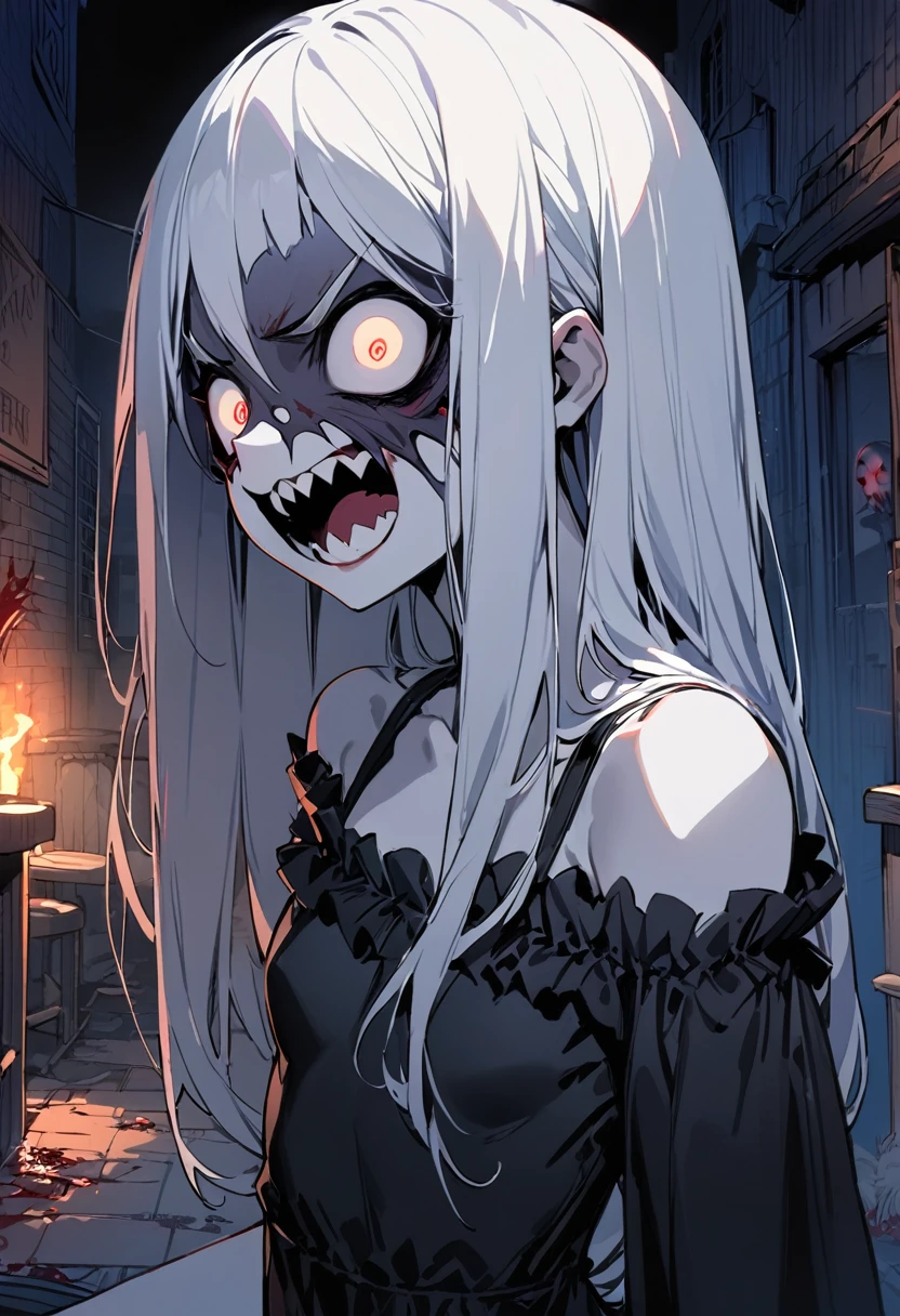 Anine biohazard girl, red sclera, glowing pink eyes, sadistic and scatterbrained, dumb and evil, sexy, smug face sharp teeth