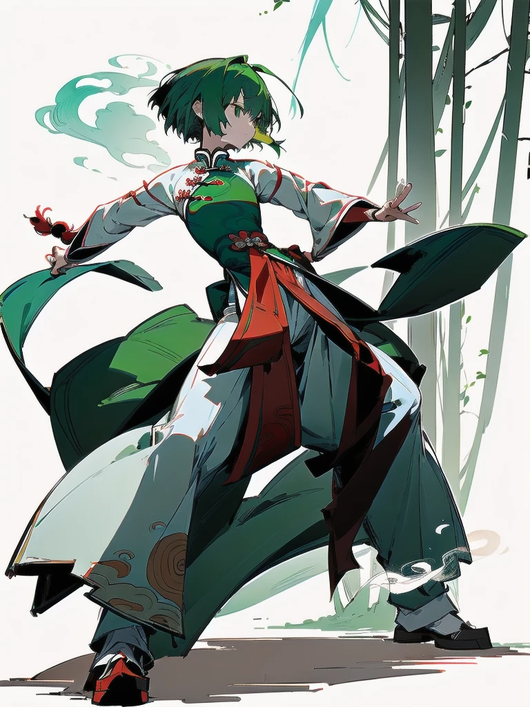 frontを向いている、Green Hair、Her hair is short、small breast、upright stance、full body、Fighter、Uniform、Chinese Knight、Chinese style、White background、Simple Background、No exposure、China dress、pants、band、front、White clothes、Kung Fu、slender