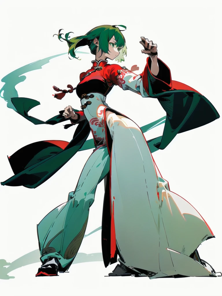 frontを向いている、Green Hair、Her hair is short、small breast、upright stance、full body、Fighter、Uniform、Chinese Knight、Chinese style、White background、Simple Background、No exposure、China dress、pants、band、front、White clothes、Kung Fu、slender