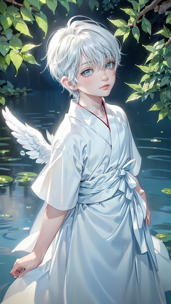 ((4K works))、​masterpiece、(top-quality)、One beautiful boy、angel wings on his back, Slim body、tall、((White japanese YUKATA))、(Detailed beautiful eyes)、Tranquility Lake , Trees and serene fountains that finely depict the landscape of the garden's sanctuary、((Short-haired white hair))、((Smaller face))、((Neutral face))、((Bright blue eyes))、((Like a celebrity))、((Crying expression))、((sad look))、((Korean Makeup))、((elongated and sharp eyes))、((Happy dating))、((boyish))、((Upper body photography))、Professional Photos、((Shot alone))、((He is looking up at the sky under the roof))、((Shot from the side))、((Face crying in pain))、((He is looking upwards))、((His eyes are looking down))、
(Young:1.4), (Child:1.4), (Shota:1.4), (male:1.4), (boy:1.4), (divine:1.4), (divine clothes:1.4)
