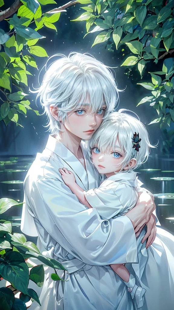 ((4K works))、​masterpiece、(top-quality)、One beautiful boy、angel wings on his back, Slim body、tall、((White japanese YUKATA))、(Detailed beautiful eyes)、Tranquility Lake , Trees and serene fountains that finely depict the landscape of the garden's sanctuary、((Short-haired white hair))、((Smaller face))、((Neutral face))、((Bright blue eyes))、((Like a celebrity))、((Crying expression))、((sad look))、((Korean Makeup))、((elongated and sharp eyes))、((Happy dating))、((boyish))、((Upper body photography))、Professional Photos、((Shot alone))、((He is looking up at the sky under the roof))、((Shot from the side))、((Face crying in pain))、((He is looking upwards))、((His eyes are looking down))、
(Young:1.4), (Child:1.4), (Shota:1.4), (male:1.4), (boy:1.4), (divine:1.4), (divine clothes:1.4)
