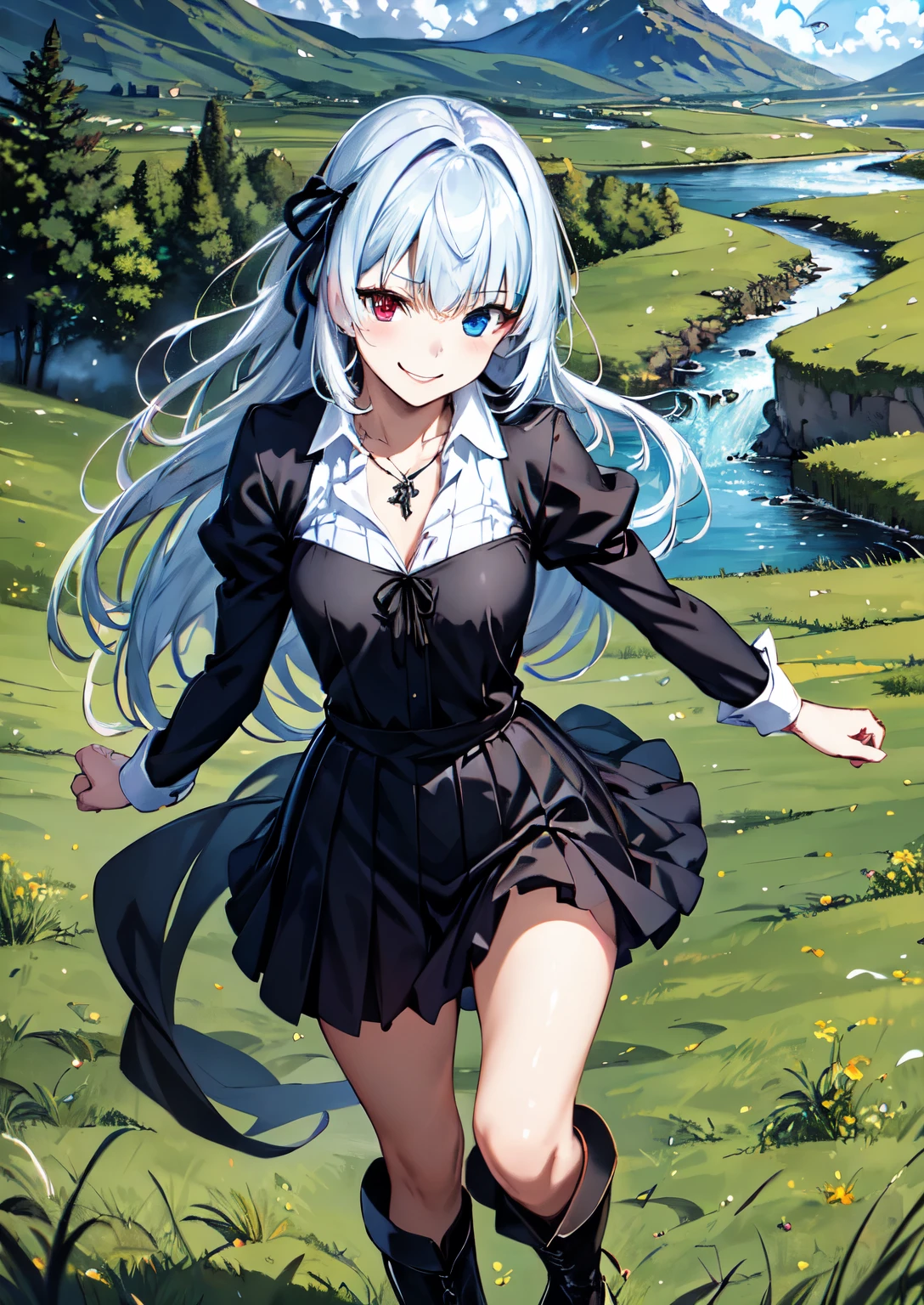 1 Girl, luminous ,(running:1.3),grassland, Closed Mouth、smile、luminous.Valentine、Silver Hair、((Heterochromia iridis、Red Eye:1.3、Blue Eyes:1.2))、Long Hair, whole body, Front view:0.6, Black Ribbon, Small breasts, Black Dress, Puffy sleeves, Long sleeve, Knee socks, Black high boots,(Flowing landscape:1.5),(Genuine、Realistic、Realistic:1.5)、High resolution、超High resolution、Ultra-fine painting、Sharp focus、Physically Based Rendering、Cowboy Shot,(Flowing Grass:1.3)