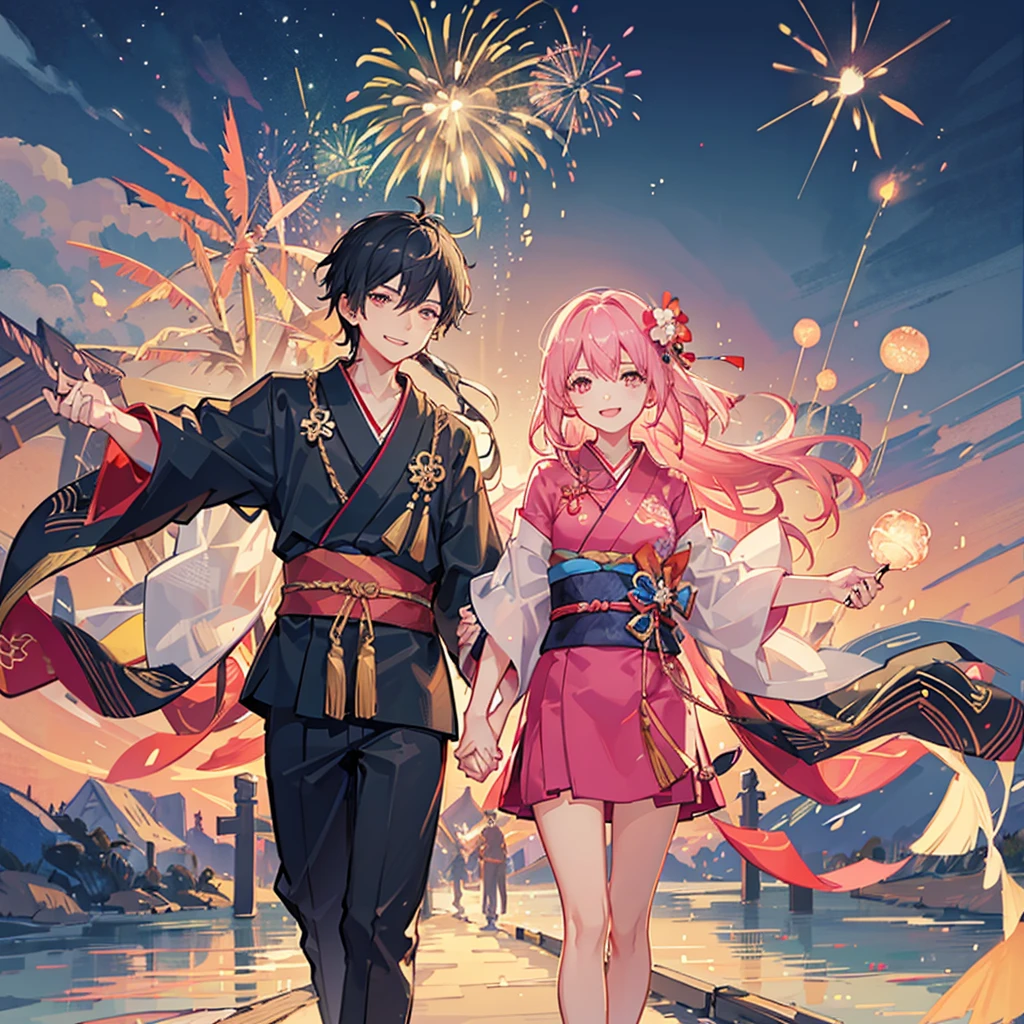 Couple,(Boy 1:Girl 1)Lovely,smile,smile,romantic,atmosphere,landscape,The girl is wearing a kimono,Holding hands,Beautiful fireworks in the night sky,Lots of fireworks,summer祭り,summer,Festivals,youth,Heart-pounding