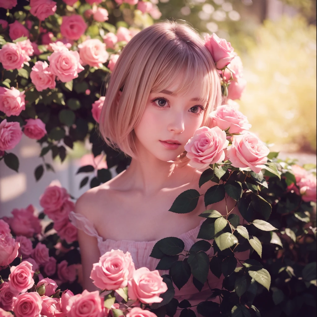 8k, RAW Photos, Fujifilm, Avril-like style photo of a beautiful young woman in a garden of pale pink roses (Highly detailed skin: 1.2) Style Petal Break Short Hair, Blonde and colored hair, Wearing a dress, Film Granulation, 35mm, Cute Style