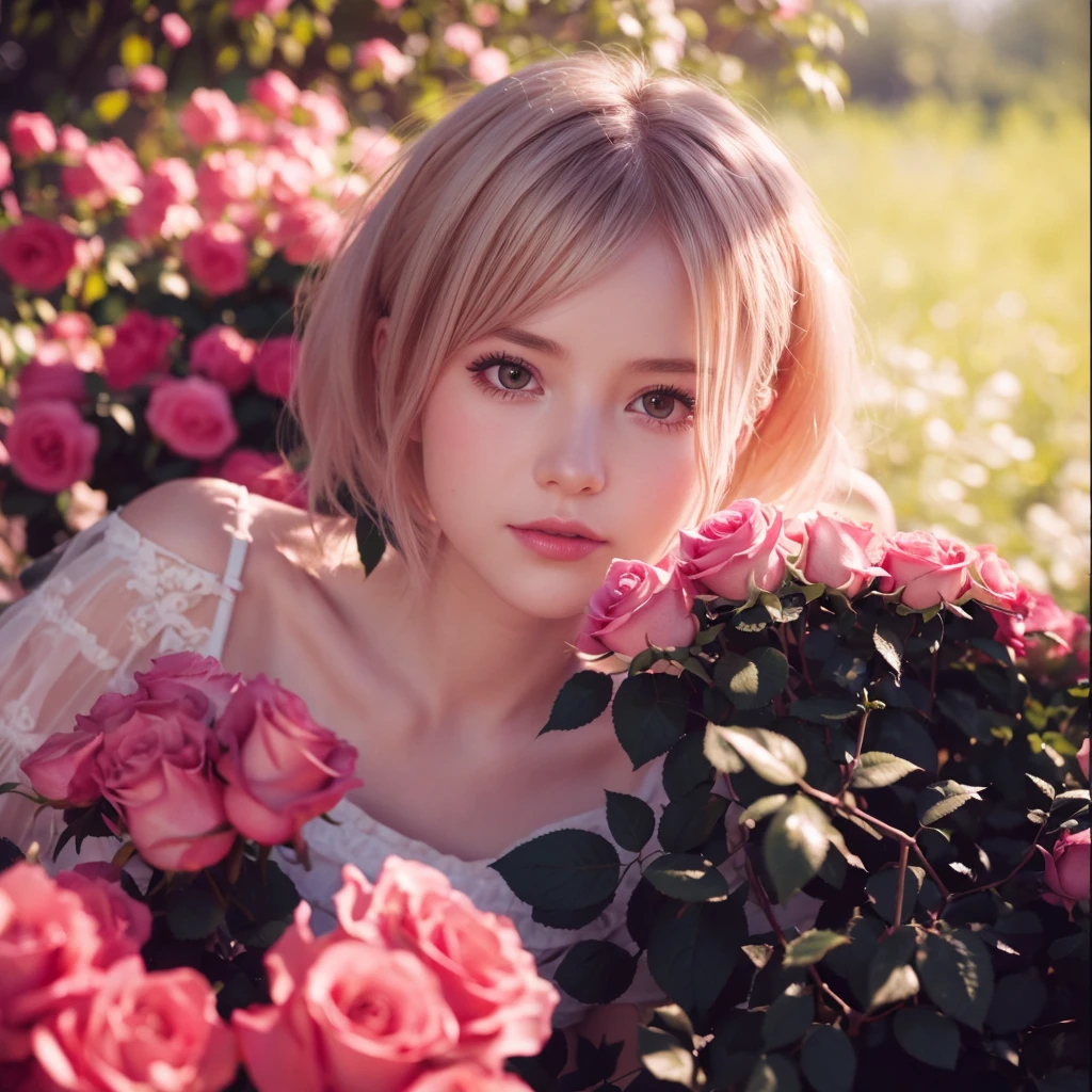 8k, RAW Photos, Fujifilm, Avril-like style photo of a beautiful young woman in a garden of pale pink roses (Highly detailed skin: 1.2) Style Petal Break Short Hair, Blonde and colored hair, Wearing a dress, Film Granulation, 35mm, Cute Style