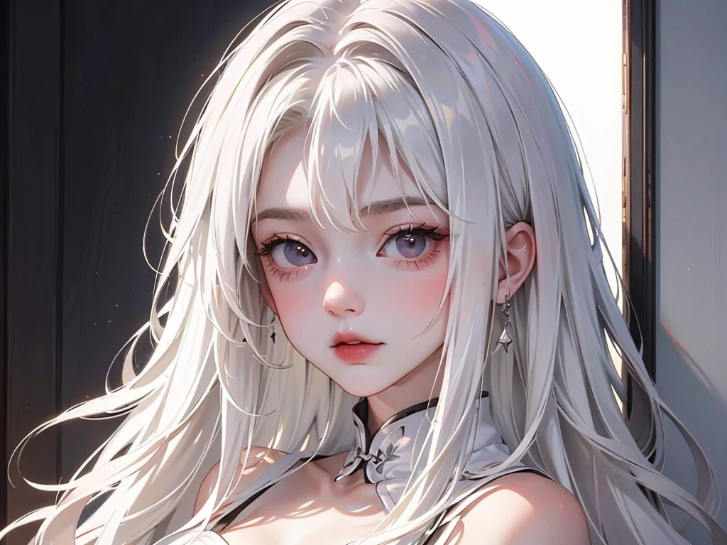 Portrait of a beautiful 18-year-old petit teen, white hair, gorgeous Chinese, in cotton panties, at the door, (dark private office, dark and melancholy light: 1.2)