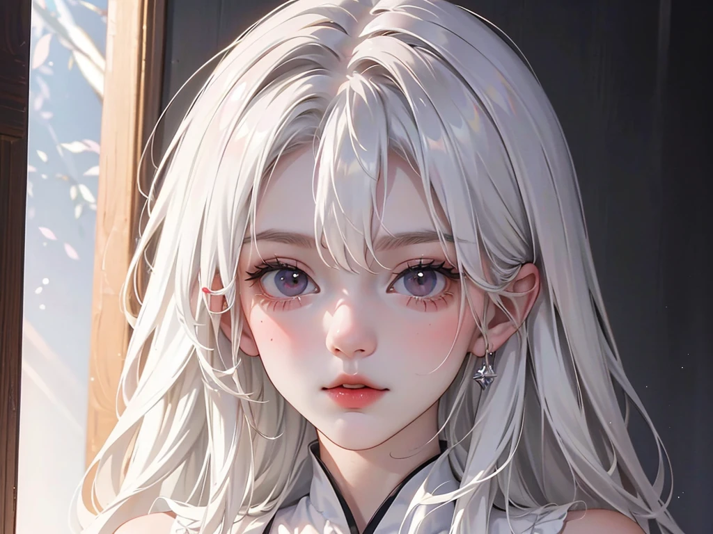 Portrait of a beautiful 18-year-old petit , white hair, gorgeous Chinese, in cotton panties, at the door, (dark private office, dark and melancholy light: 1.2)