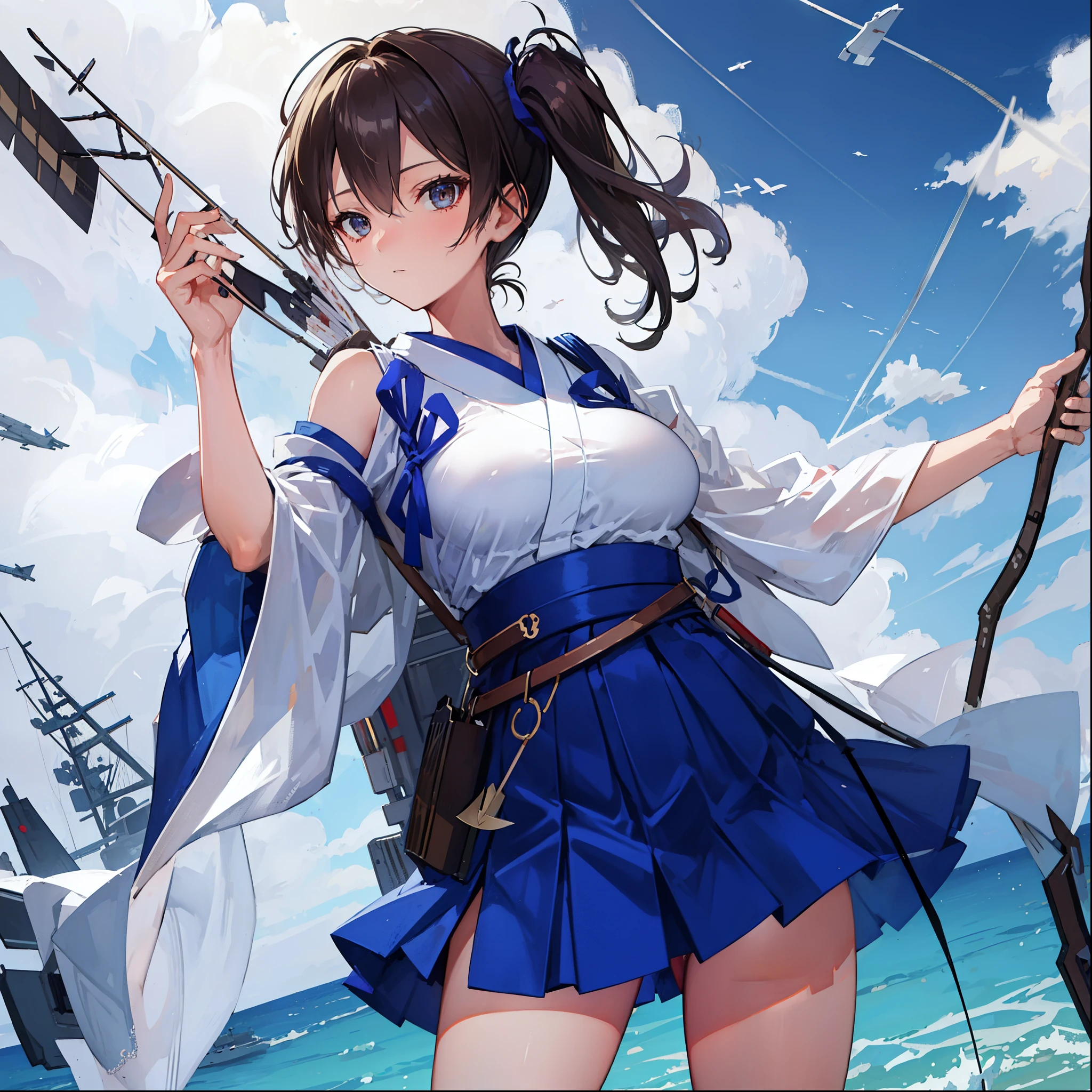 Kaga(Fleet Collection),highest quality, masterpiece, High resolution,kimono,blue skirt,side ponytail,big_breasts,solo,Japanese_bow&arrow,dynamic_posing,half_eyes,solo