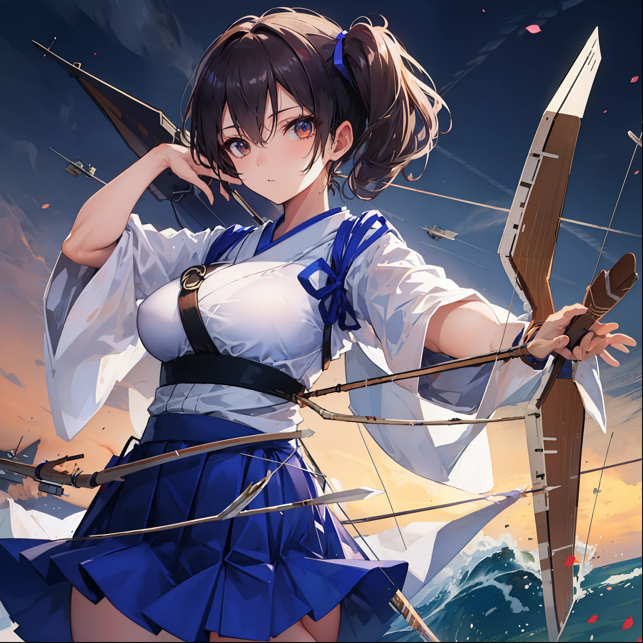 Kaga(Fleet Collection),highest quality, masterpiece, High resolution,kimono,blue skirt,side ponytail,big_breasts,solo,Japanese_bow&arrow,dynamic_posing,half_eyes,solo