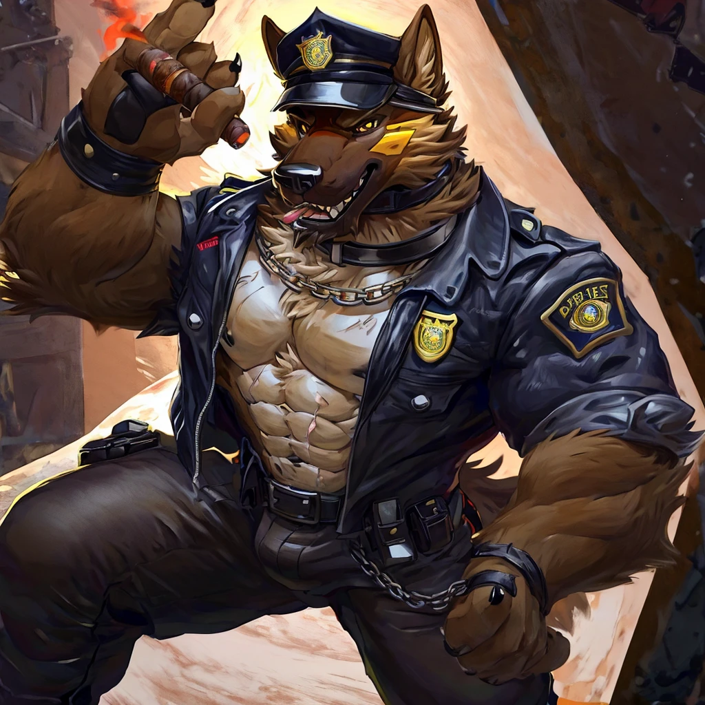 muscular male anthropomorphic german shepherd, black leather jacket, police badge, eye visor, hypnosis by visor, sliver chain, black leather pants, black leather boots, black fur on body, tan fur on body, light light brown fur on body, cigar lit in mouth, black leather collar, rugged and intimidating, (focus body)