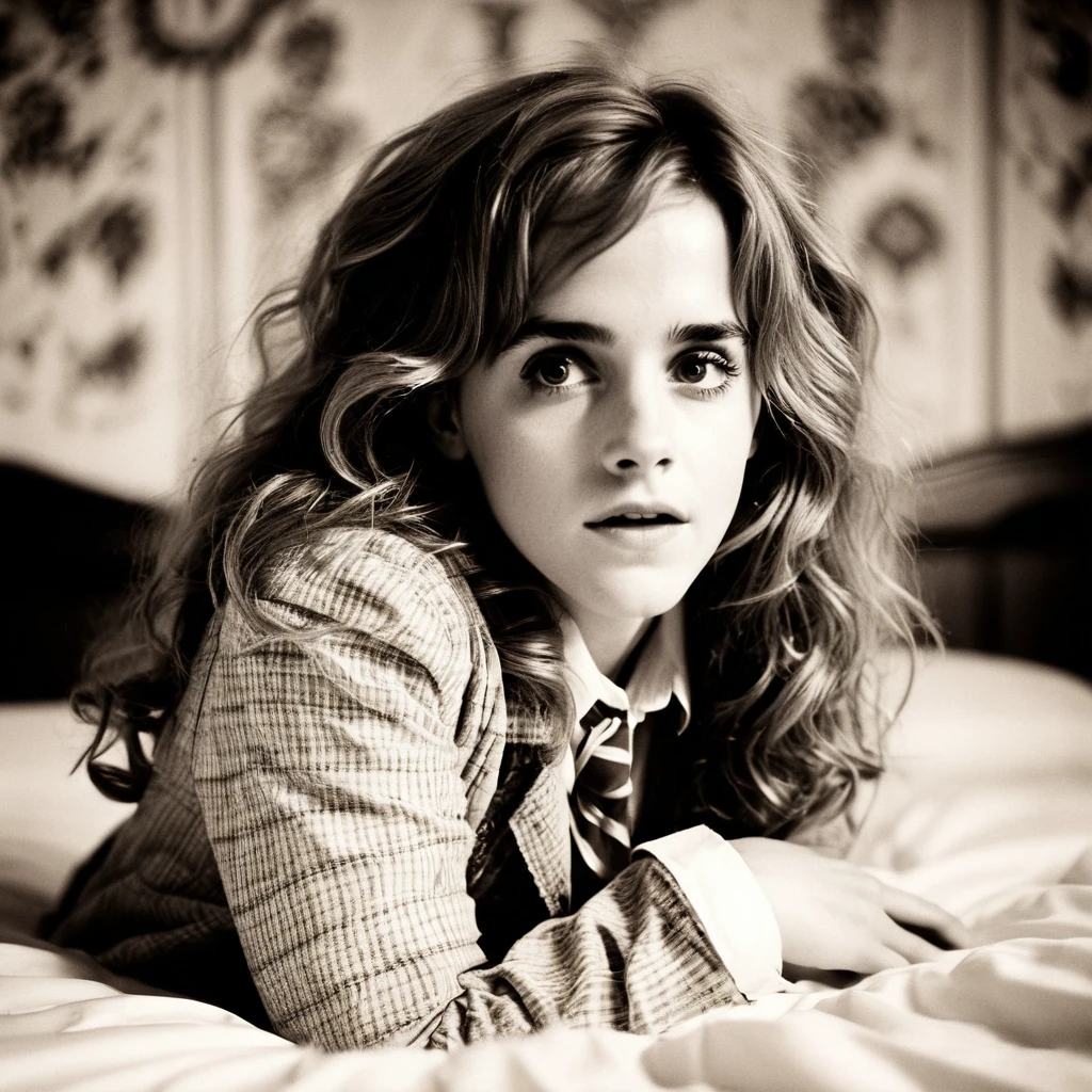 (best quality,ultra-detail,shot by Lomography Lady Grey 400 film:1.2),emma Watson as character Hermione Granger ,detailed beautiful eyes,detailed lips, posing seductively on bed ,long wavy hair in a messy style,soft and dramatic lighting, beautiful legs, sexy student outfit,full view, sepia filter